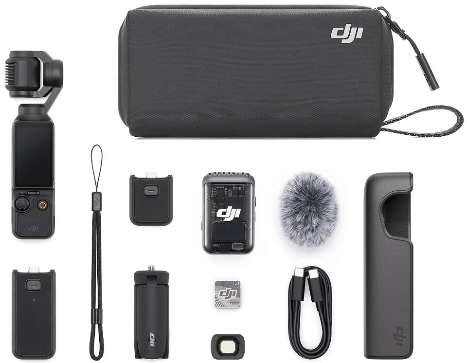 Kamera DJI Pocket 2 i akcesoria, czarne etui, mikrofon i różne adaptery.