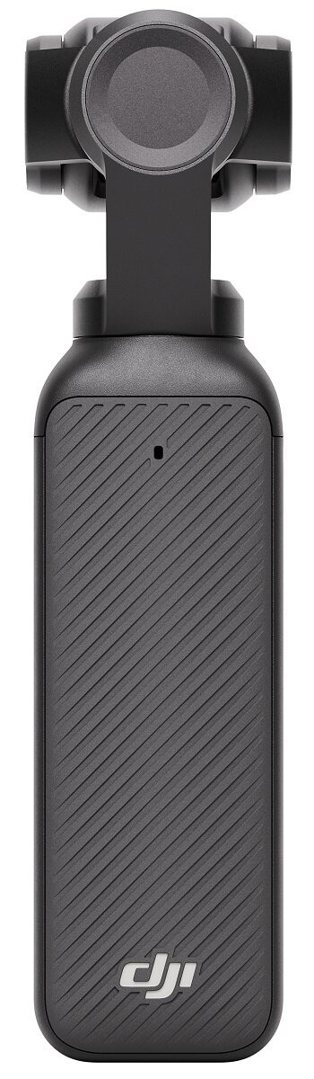 Kompaktowa, czarna kamera ręczna z gimbalem, z logo DJI.