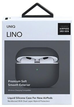Ciemnoszary futerał Uniq Lino AirPods, z nazwą produktu i funkcjami.
