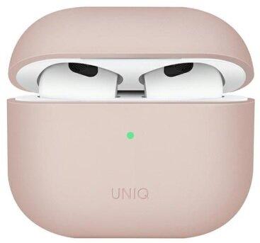 Różowe etui na słuchawki AirPods z otwartą pokrywką, odsłaniające białe słuchawki. Na etui napis 'UNIQ'.