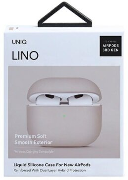 Białe pudełko z otwartą górą ukazujące jasnoszarą obudowę AirPods, z tekstem i marką.