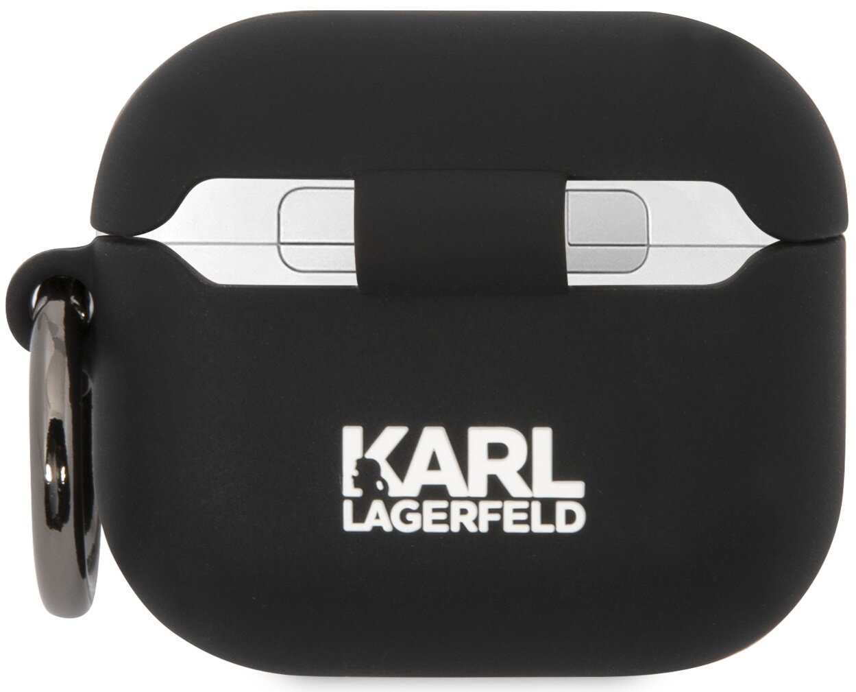 Czarne etui AirPods ze srebrnym zawiasem i logo Karl Lagerfeld.