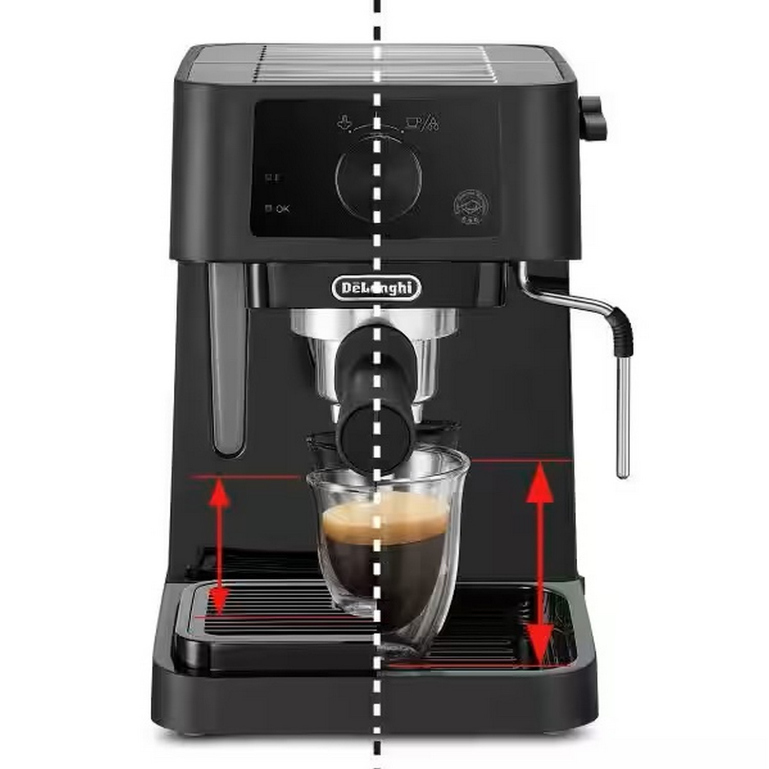 Een zwarte DeLonghi espressomachine met een glazen kopje, met rode pijlen die het kopje aangeven.