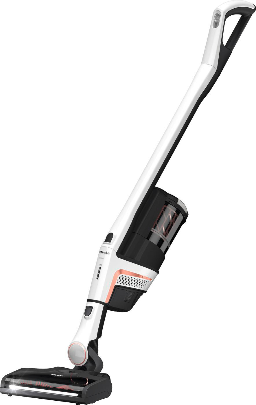 Weißer und schwarzer Staubsauger. Er ist aufrecht mit einem schwarzen Reinigungskopf.