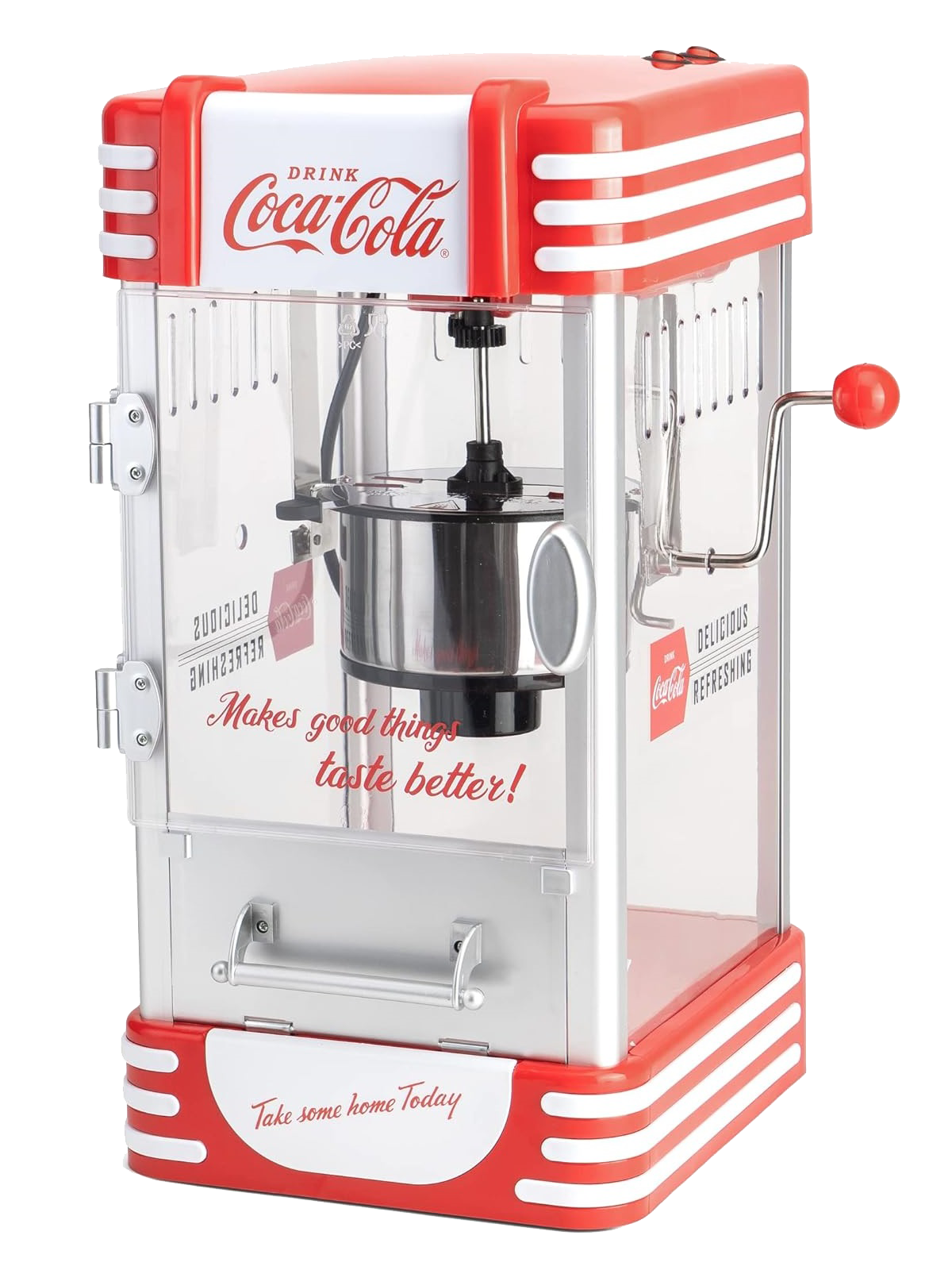 Coca-Cola Popcornmaschine, rot und silber. Die Maschine hat ein Retro-Design mit Glasfront.