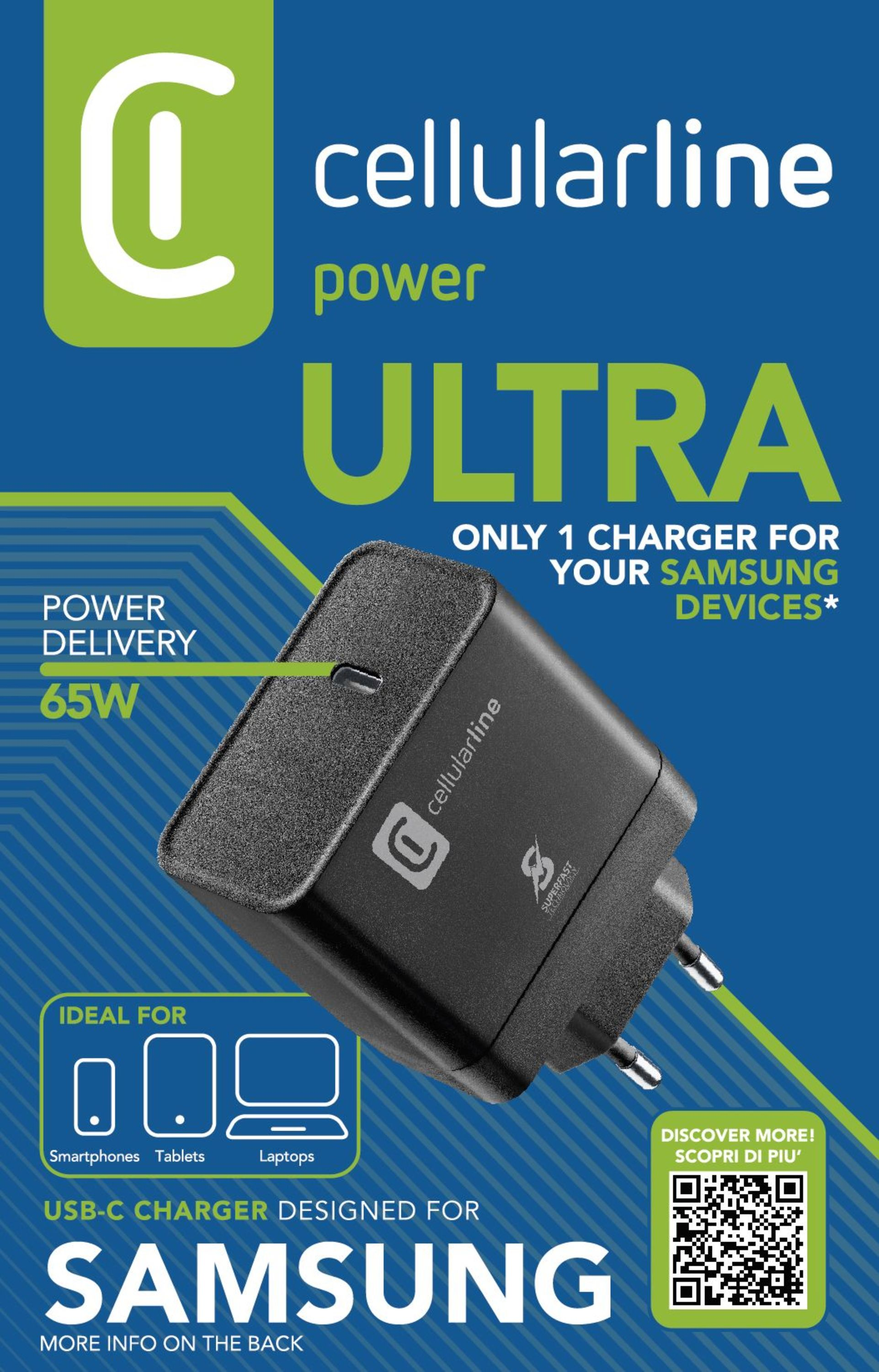 USB-C portlu siyah şarj cihazı ve mavi arka planda Cellularline markası.