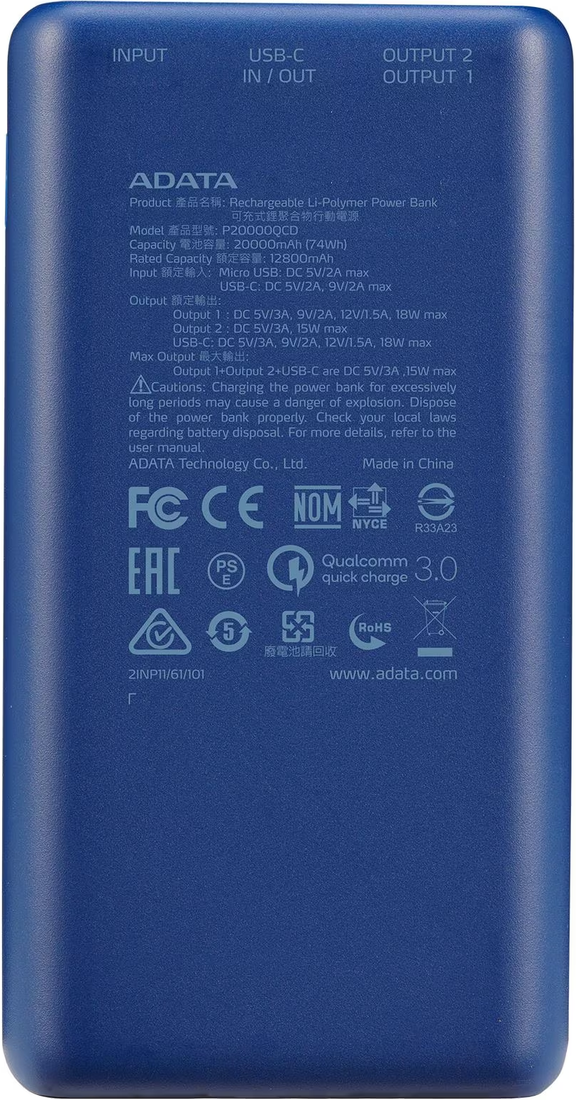 ADATA TECHNOLOGY P20000QCD - Powerbank (Blau)