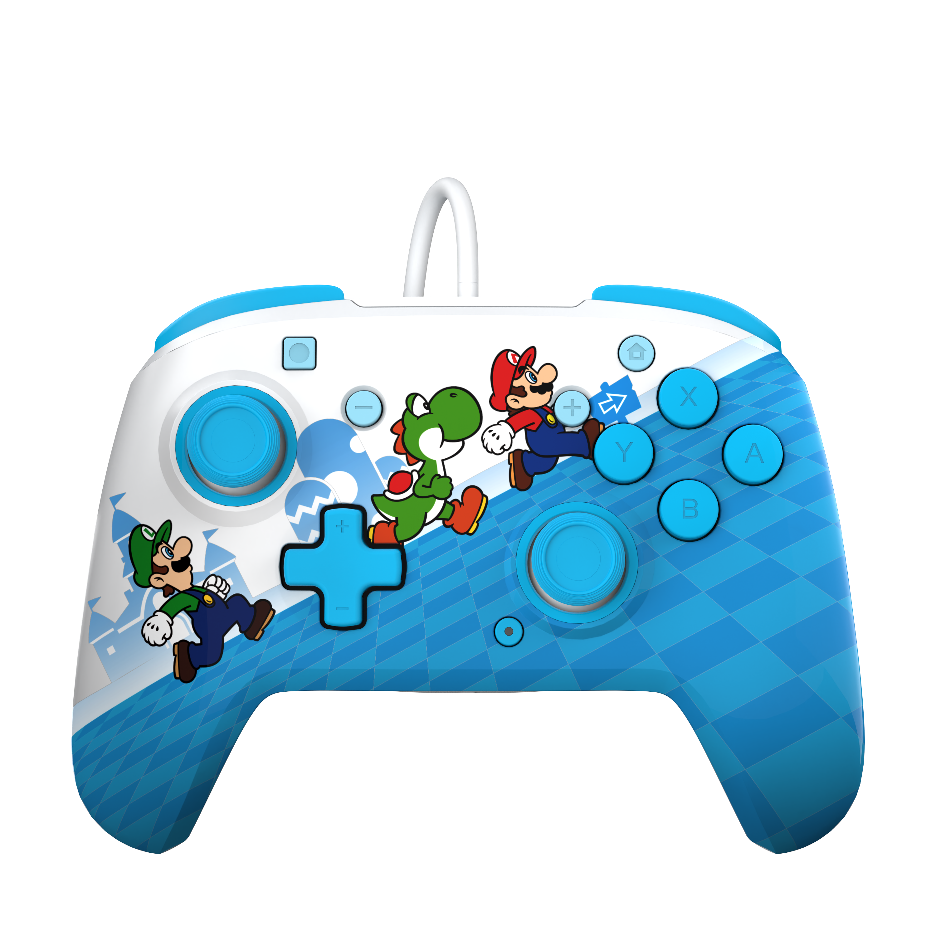 Weiß-blauer Nintendo Switch-Controller mit Mario-, Luigi- und Yoshi-Charakteren darauf.