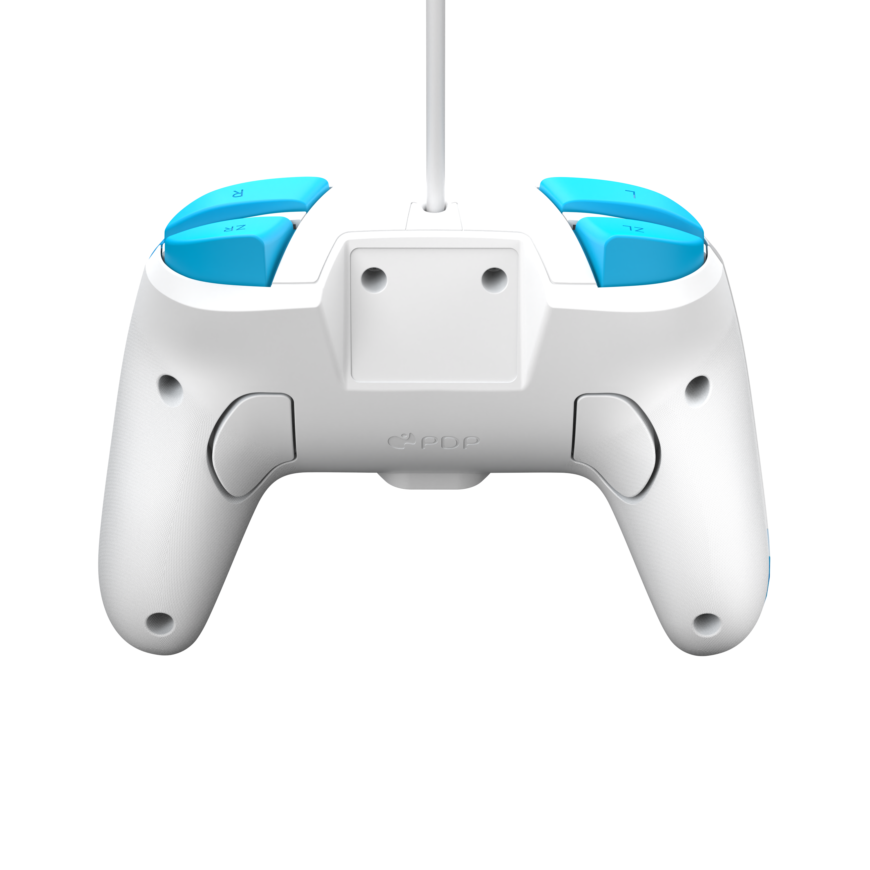 Weißer Controller mit blauen Knöpfen oben. Die Rückseite ist sichtbar.