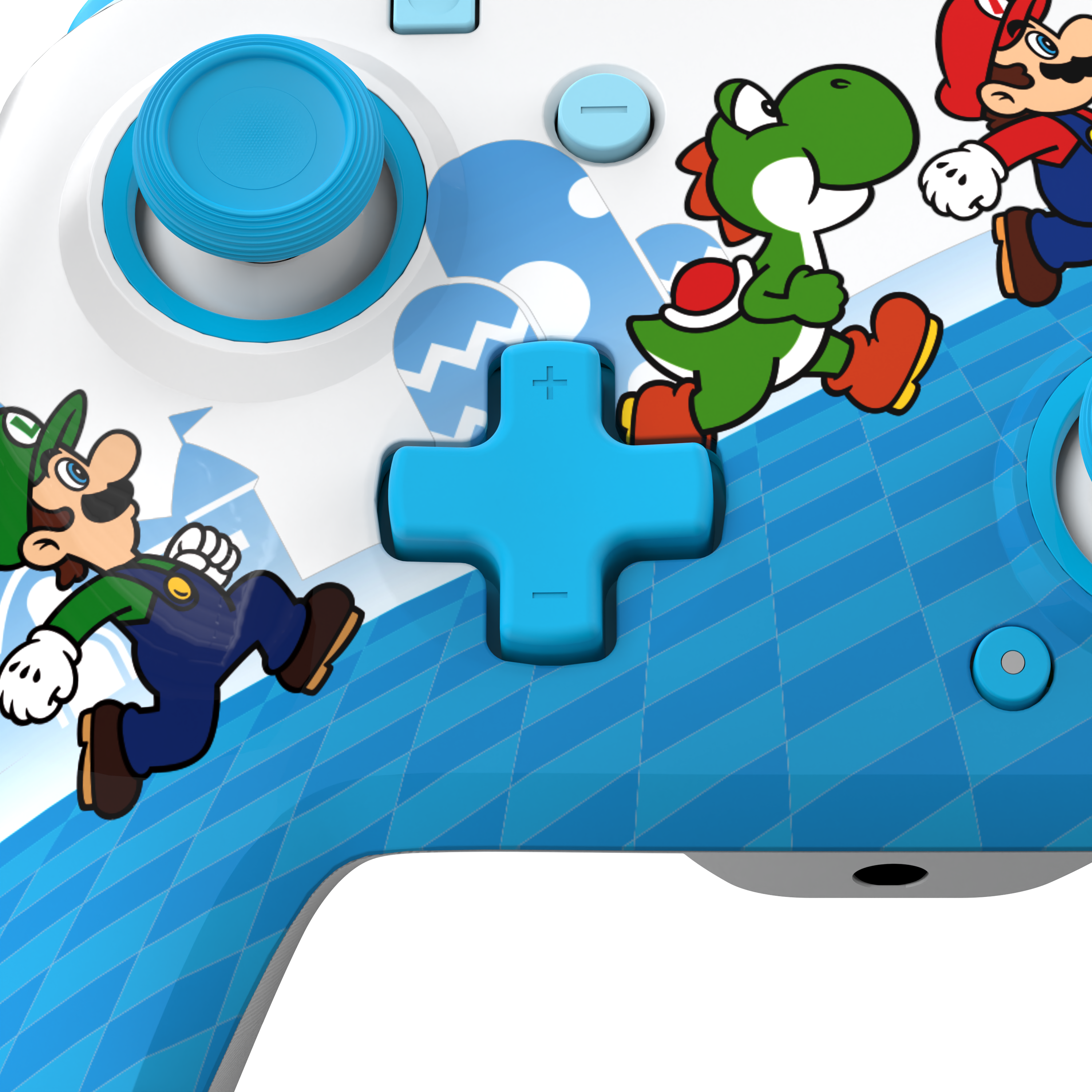 Blau-weißer Nintendo Switch-Controller mit Mario, Luigi und Yoshi-Zeichentrickfiguren.
