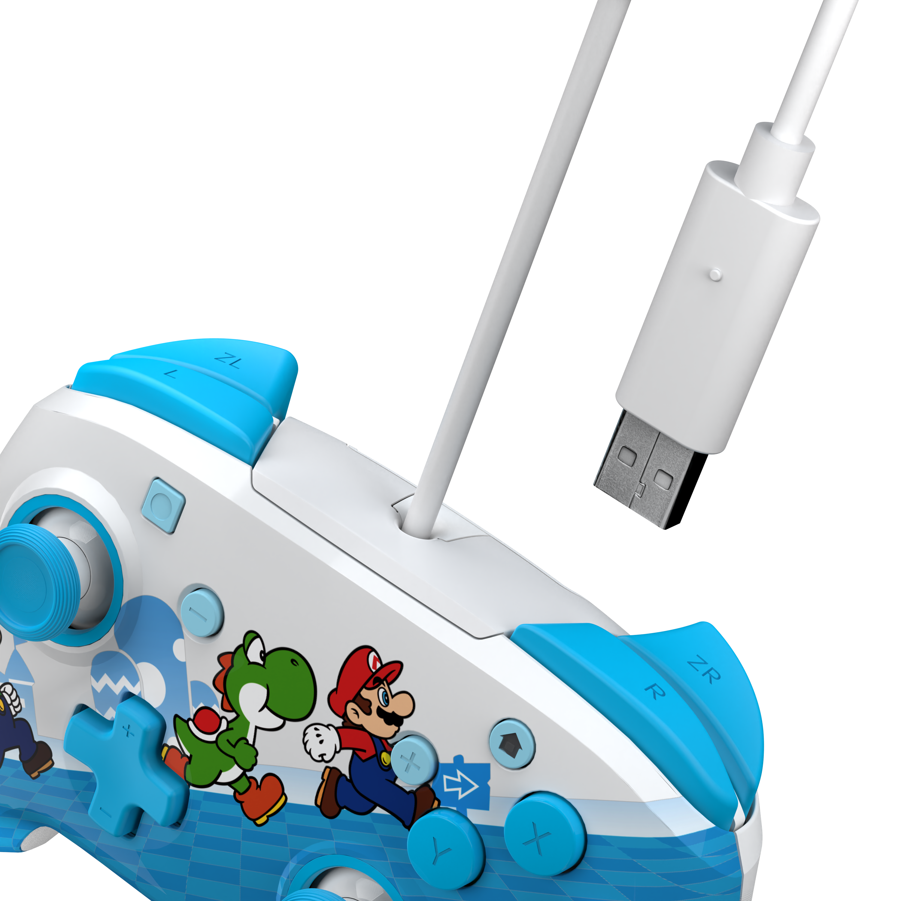 Ein blau-weiß-roter Controller im Mario-Design. Ein weißes USB-Kabel ist befestigt.