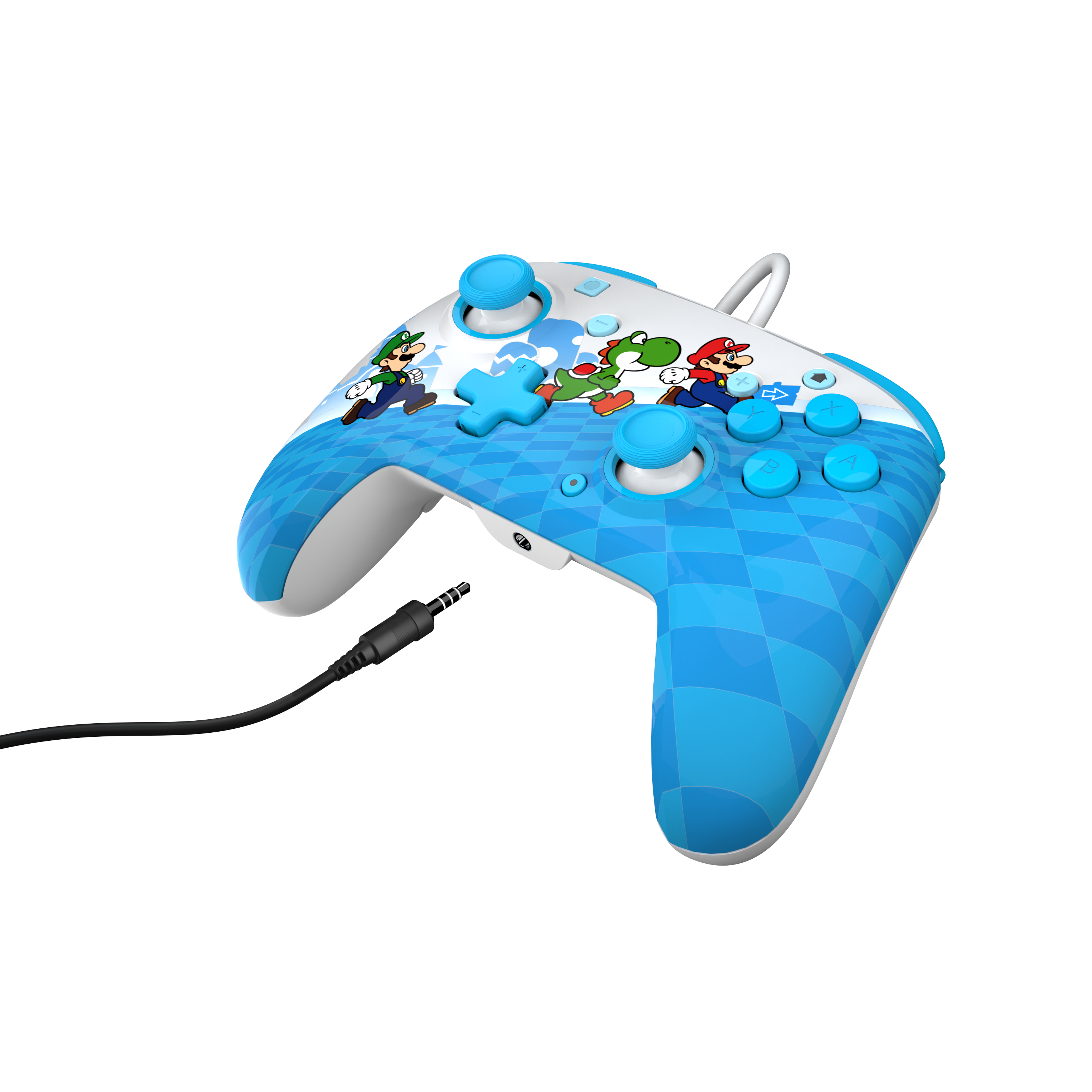 Blauer und weißer Nintendo-Controller mit Mario-Charakteren und einem schwarzen Kabel.