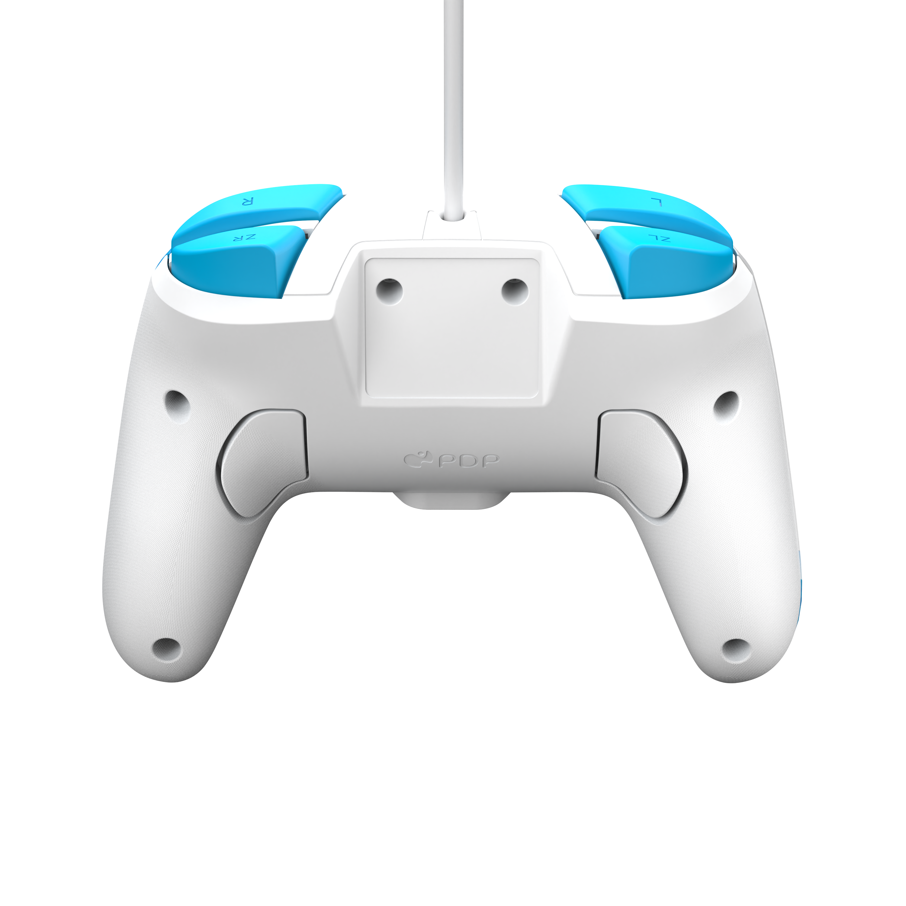 Ein weiß-blauer Gamecontroller, Rückansicht, zeigt Tasten und Design, vor schwarzem Hintergrund.