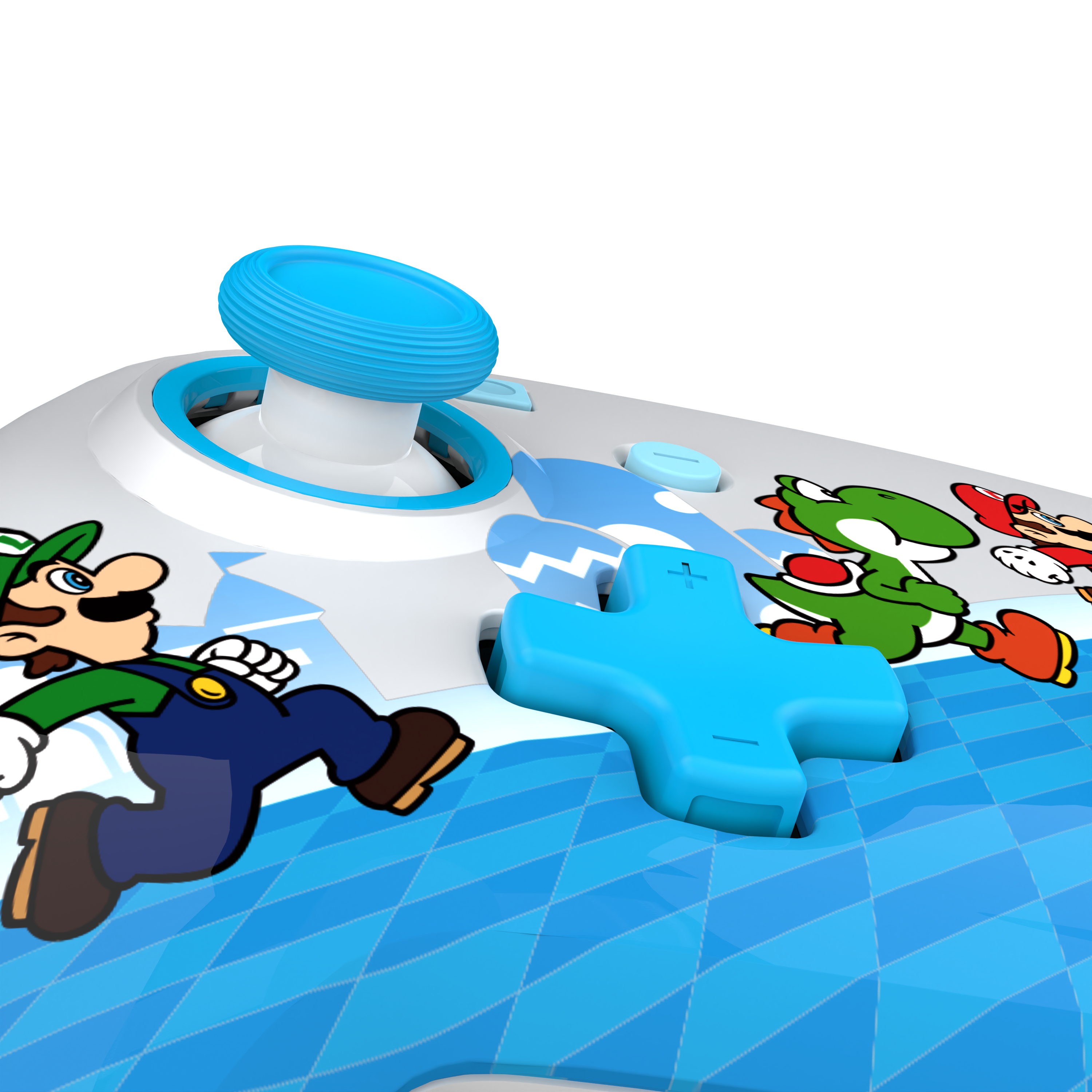 Blau-weißer Nintendo Switch-Controller mit Luigi-, Yoshi- und Mario-Grafiken.