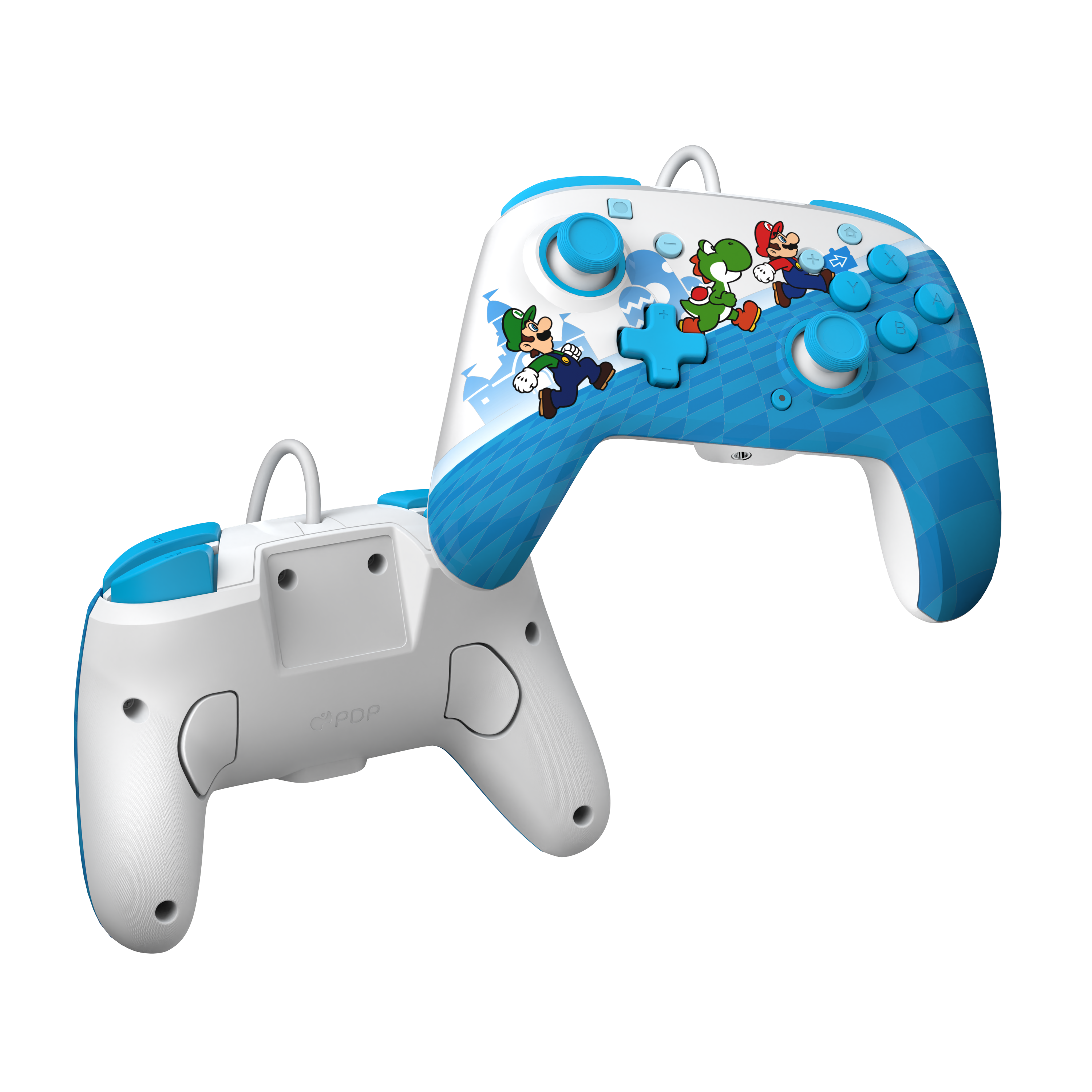 Zwei blau-weiße Gamecontroller, einer zeigt Mario- und Luigi-Charaktere.