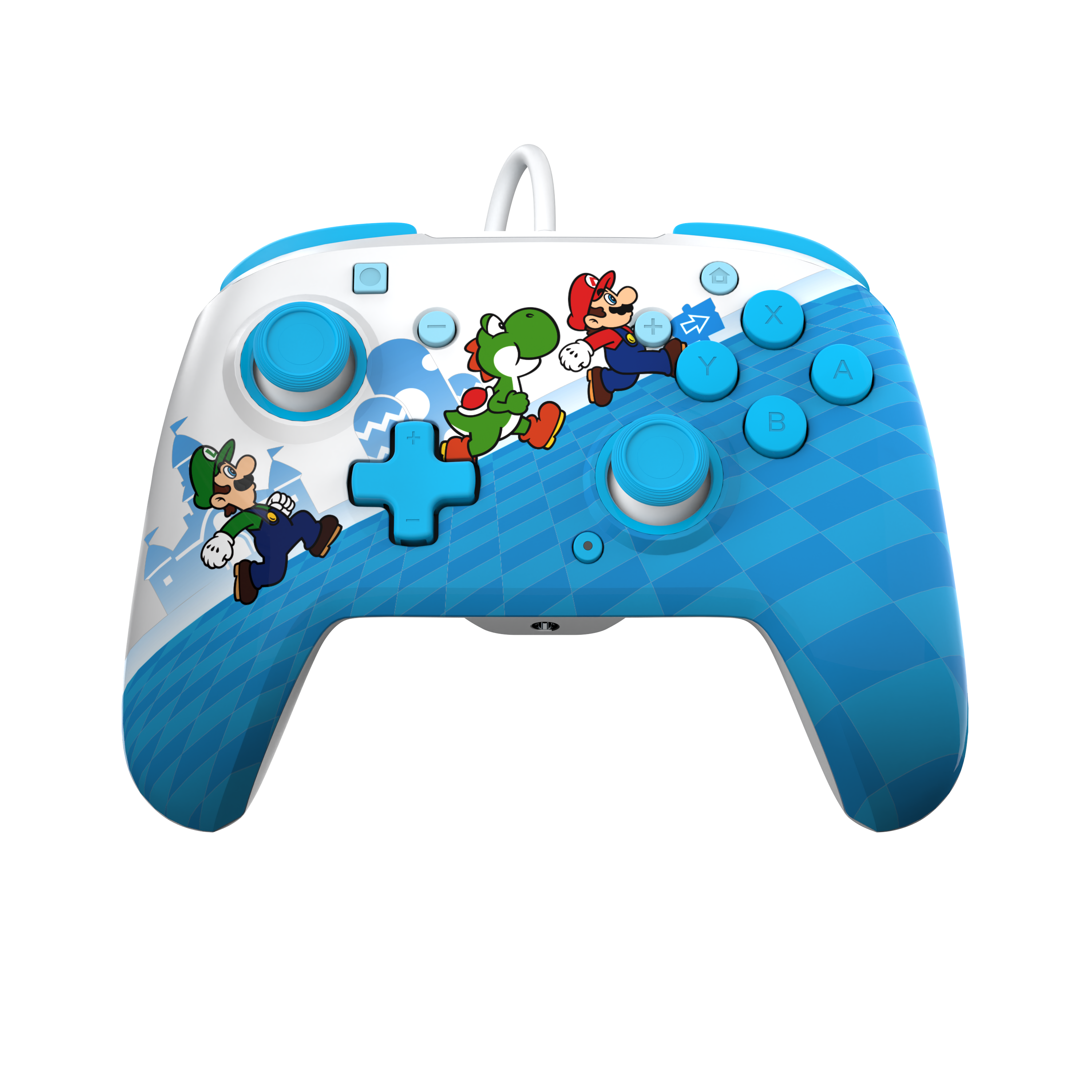 Blau-weißer Gamecontroller mit Mario-Charakteren, die darüber laufen.