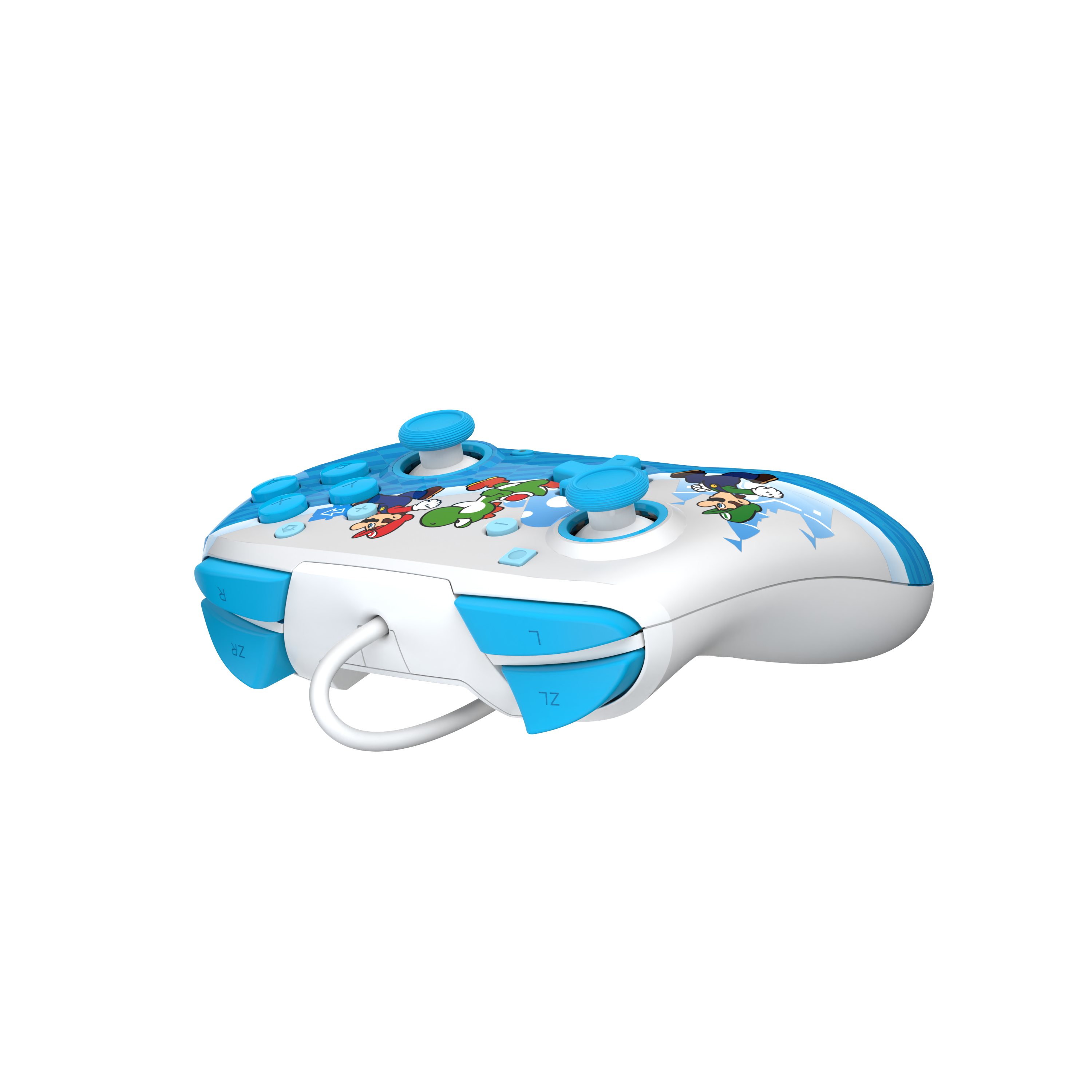 Ein weiß-blauer Nintendo Switch Controller mit Zeichentrickfiguren. Er ist auf schwarzem Hintergrund.
