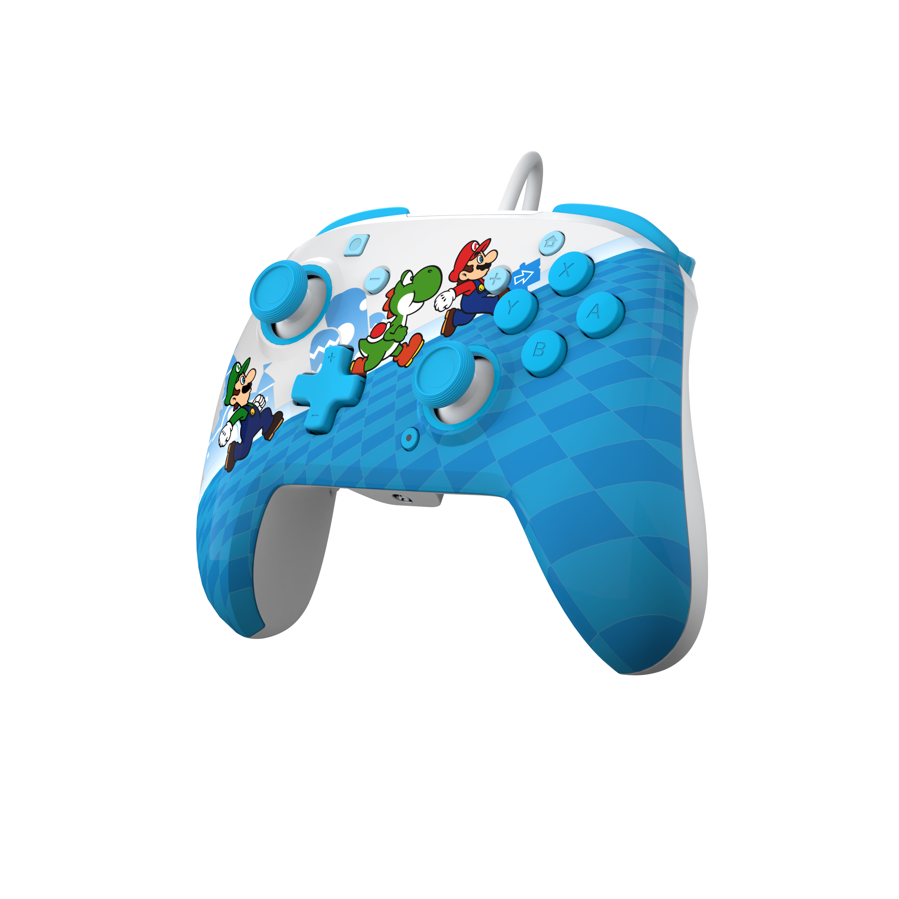 Ein weiß-blauer Nintendo Switch-Controller mit Cartoon-Figuren darauf, auf schwarzem Hintergrund.