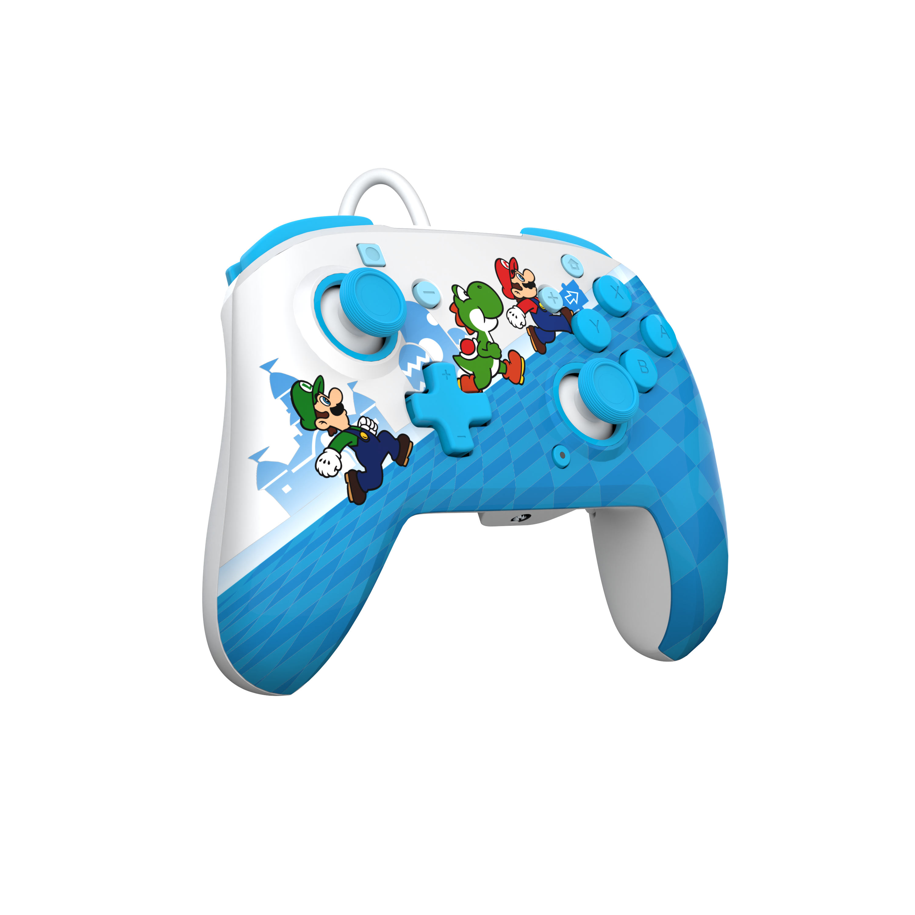 Blau-weißer Nintendo Switch Controller mit Mario, Luigi und Yoshi.