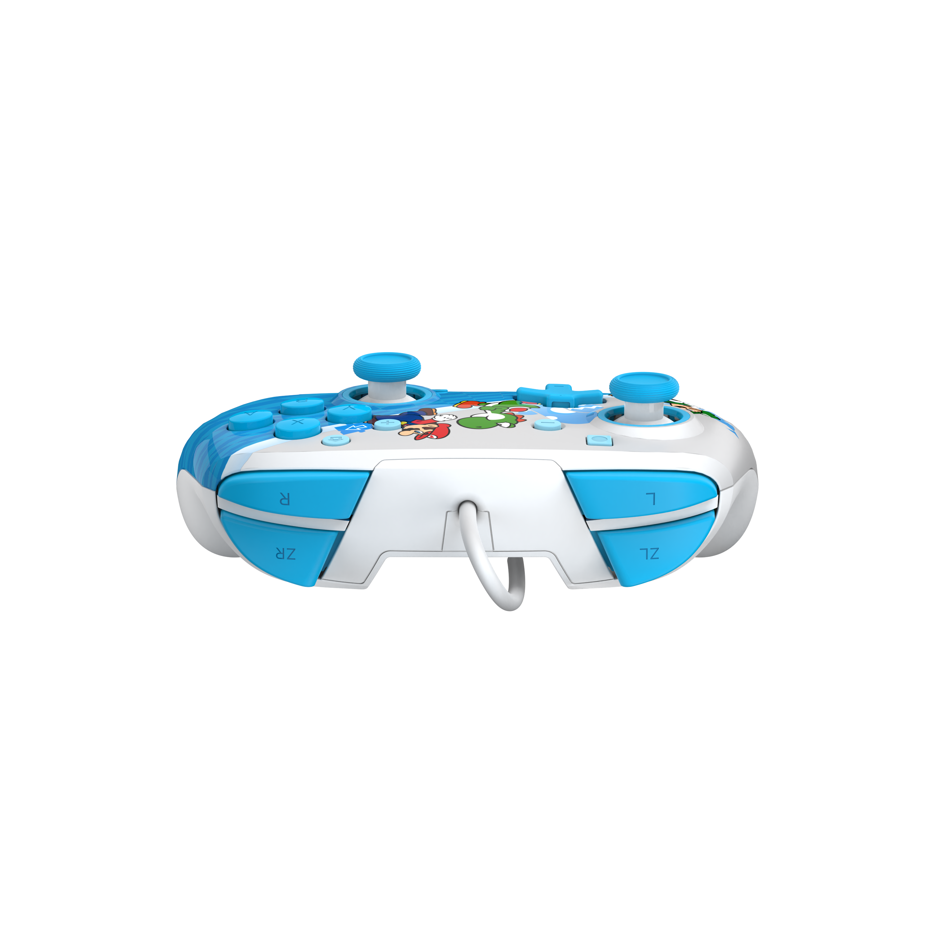 Blau-weißer Nintendo Switch Controller mit bunten Knöpfen.