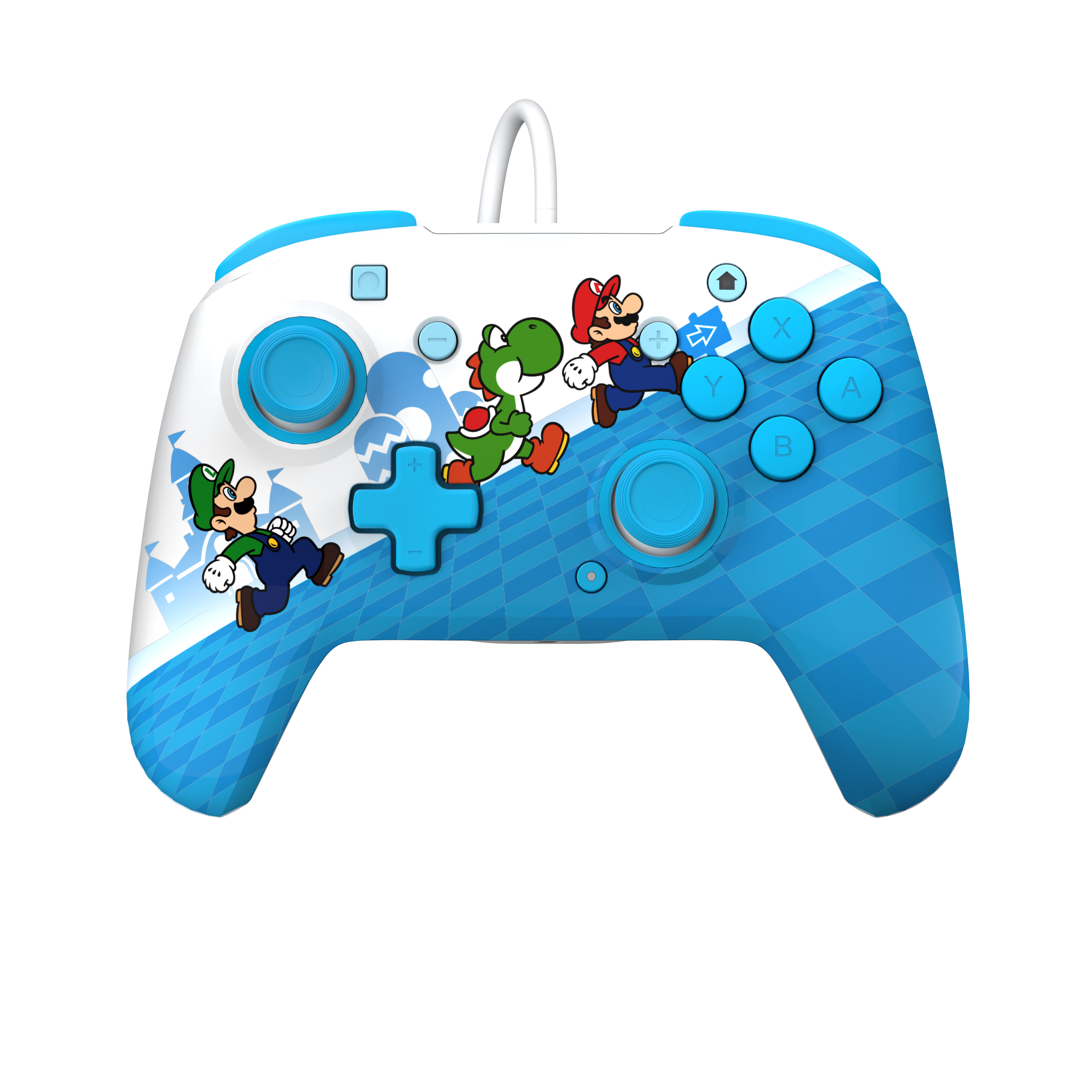 Blau-weißer Controller im Mario-Thema mit Mario-, Luigi- und Yoshi-Charakteren.