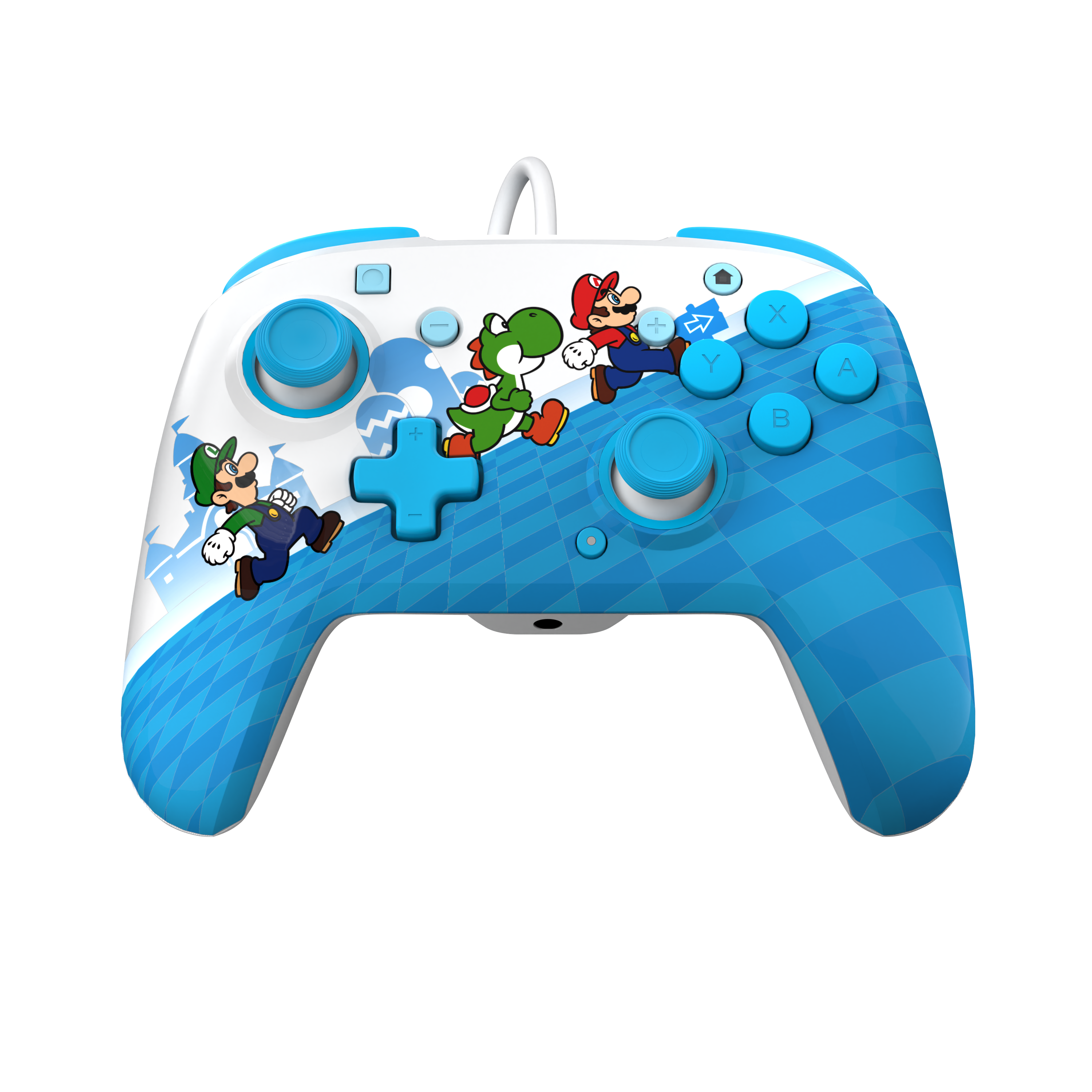 Blau-weißer Gamecontroller mit Mario-Charakteren, weißer Hintergrund.