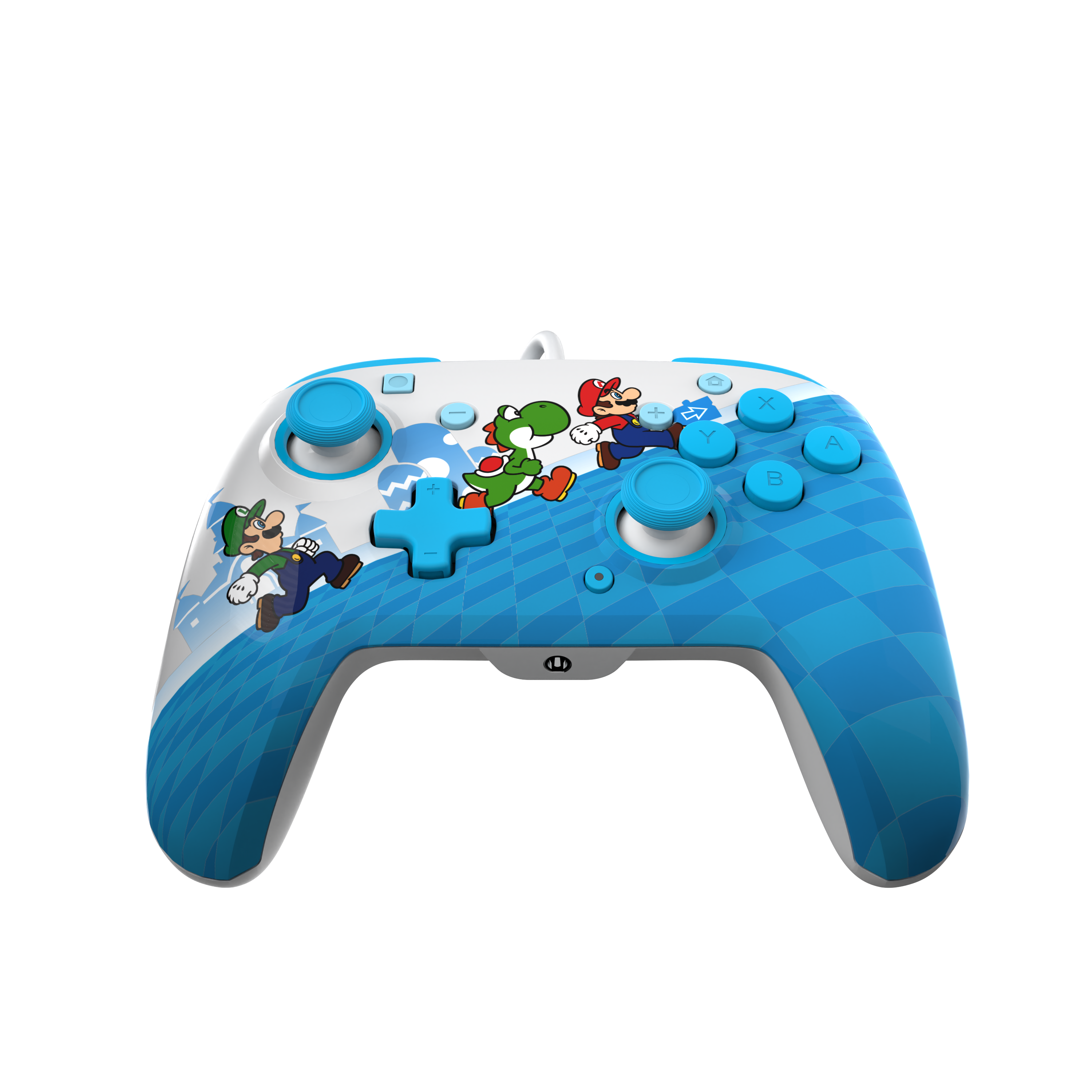Ein blau-weißer Nintendo Switch Controller mit Mario, Luigi und Yoshi.