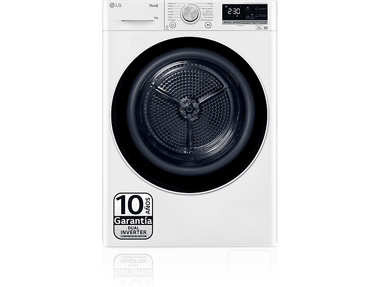 LG RH80V9AV4N, 8 kg, 14 programas, Dual Inverter Compressor™, Eco Hybrid™, Display Gran LED, Blanco