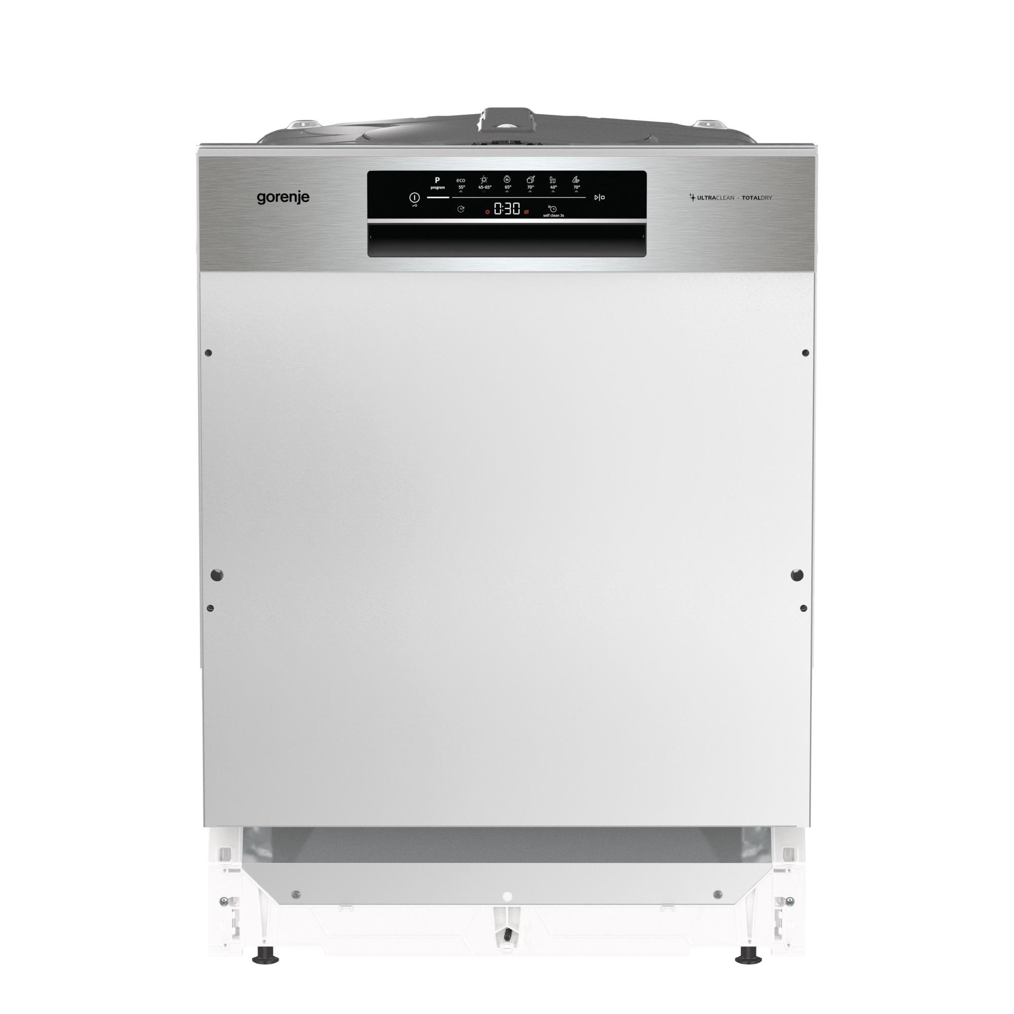 Weißer Gorenje-Geschirrspüler mit silberner Oberseite. Das Display zeigt einen Timer.