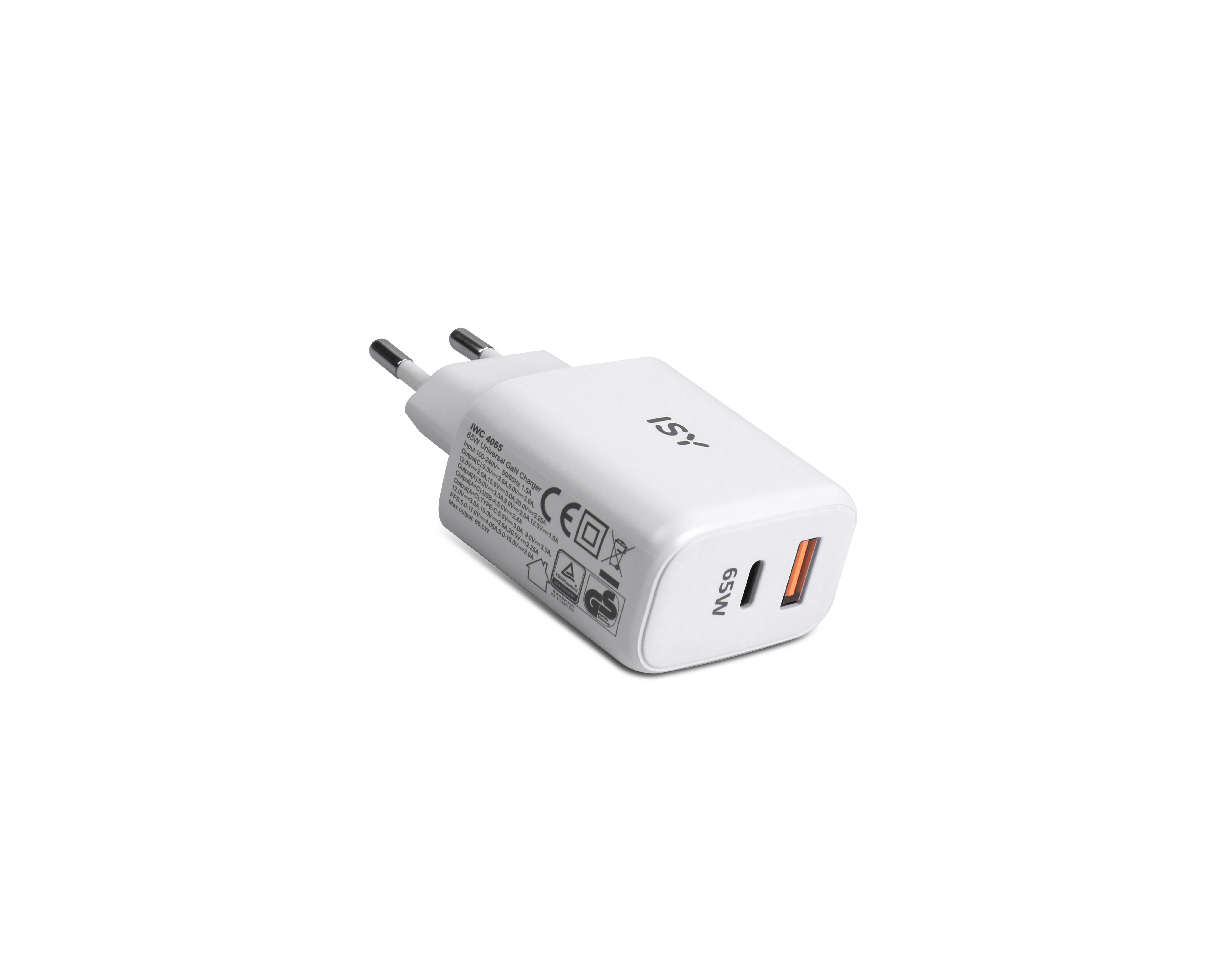 Weißes ISY 65W Ladegerät mit USB-C-Anschluss und Stromsteckern, isoliert auf Weiß.