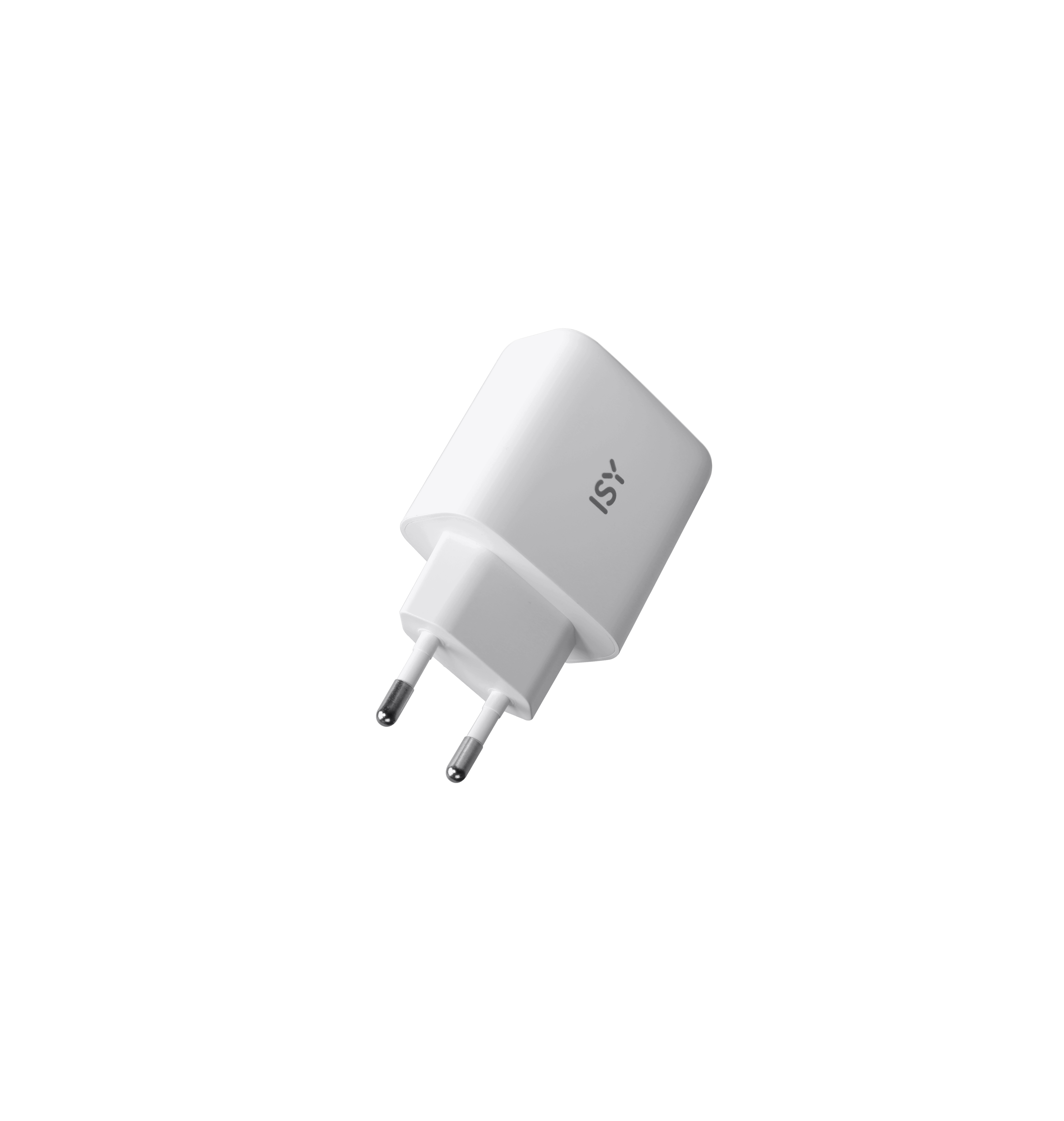 Weißes ISY USB-Ladegerät mit zwei Stiften.