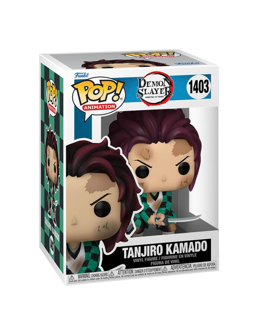 Una figura Funko Pop! de Tanjiro Kamado de Demon Slayer. La caja muestra una figura del personaje.