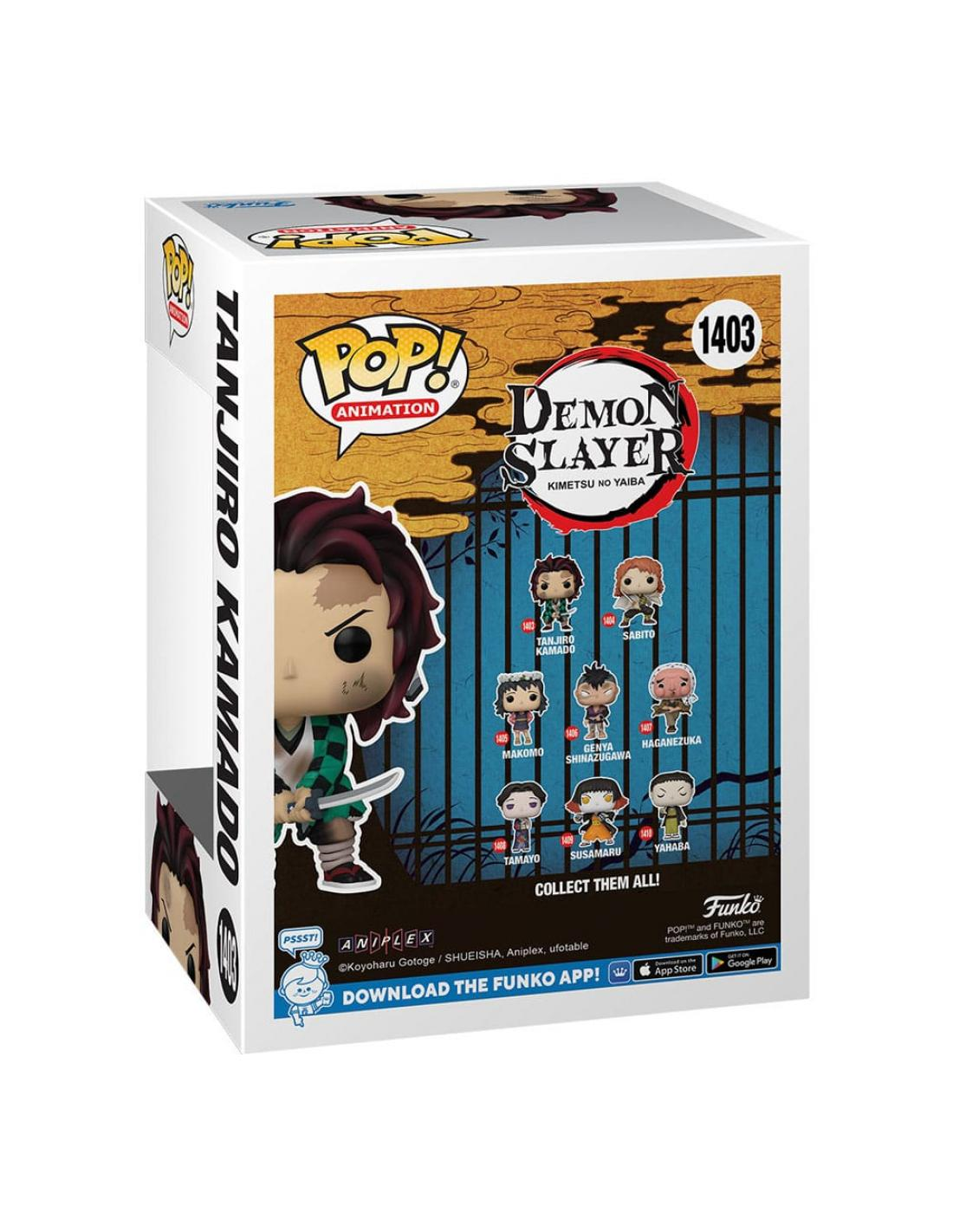 Una caja Funko Pop! con un personaje de Demon Slayer. La caja tiene varias imágenes.