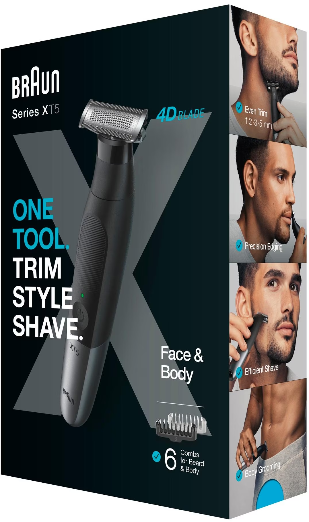 Braun Series XT5 Trimmer-Box. Zeigt den Trimmer und verschiedene Pflegeoptionen.