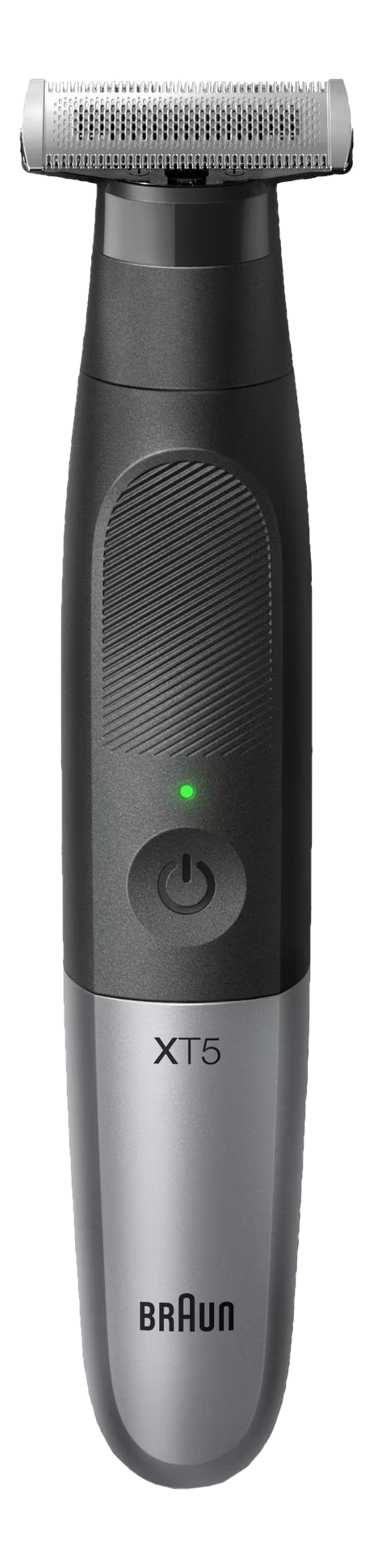 Schwarzer und silberner elektrischer Rasierer Braun XT5 mit grün beleuchteter Einschalttaste.