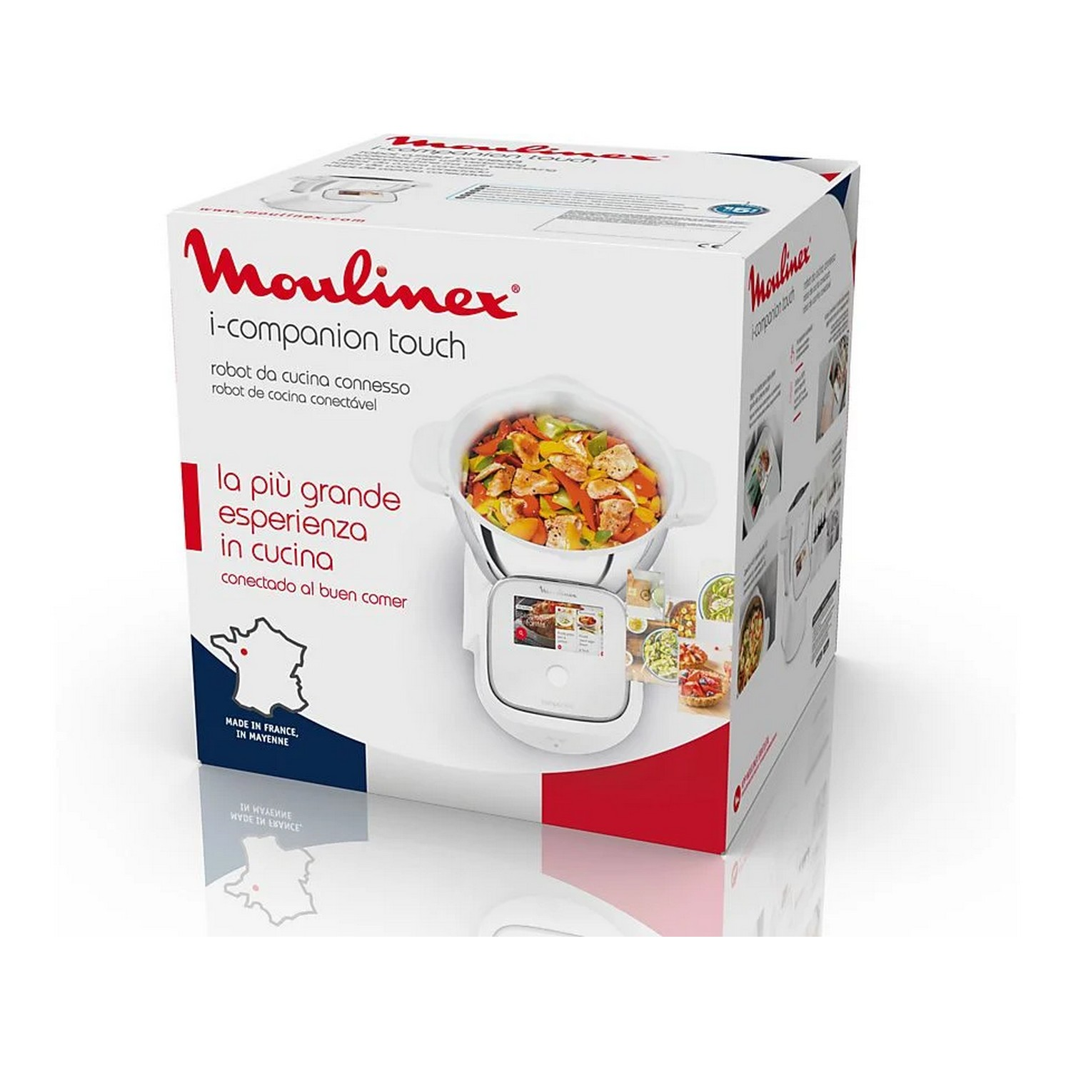 Boîte Moulinex i-Companion Touch avec robot de cuisine et images d'aliments. Boîte rouge et blanche.