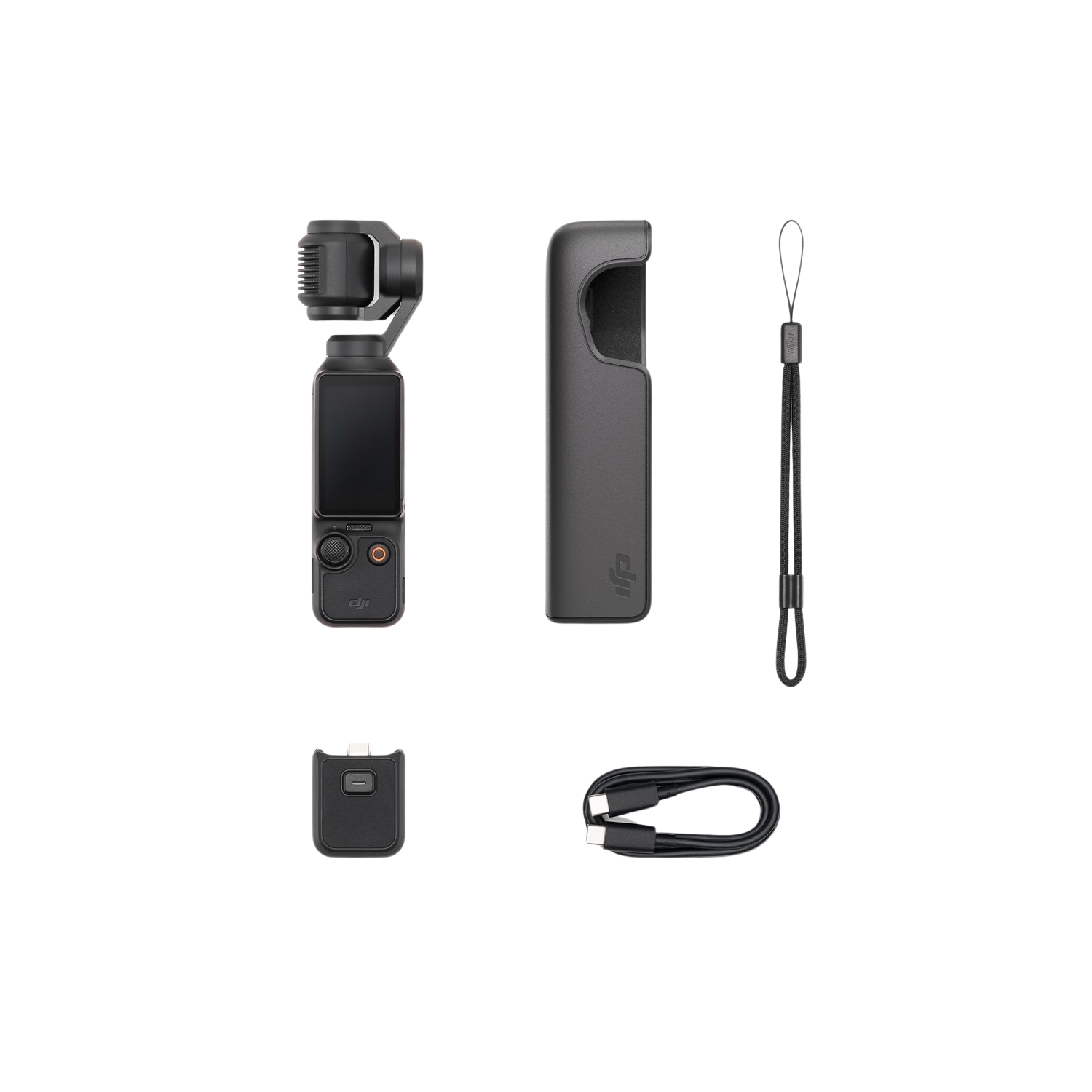 DJI Osmo Pocket camera and accessories. Includes a case, a charging cable, and a strap.