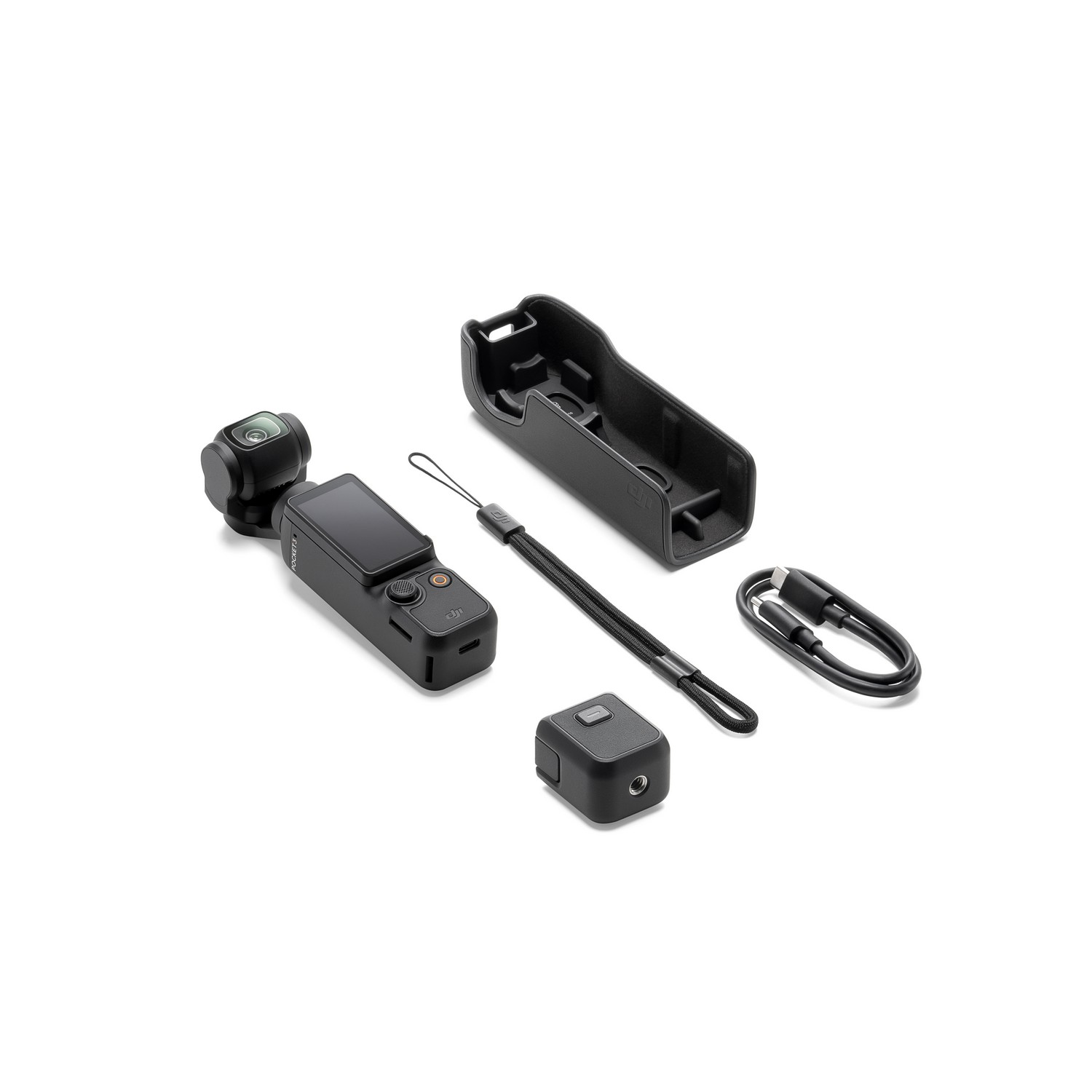 A black DJI Osmo Pocket 3 set, including the camera, a handle, and accessories, on a white surface.