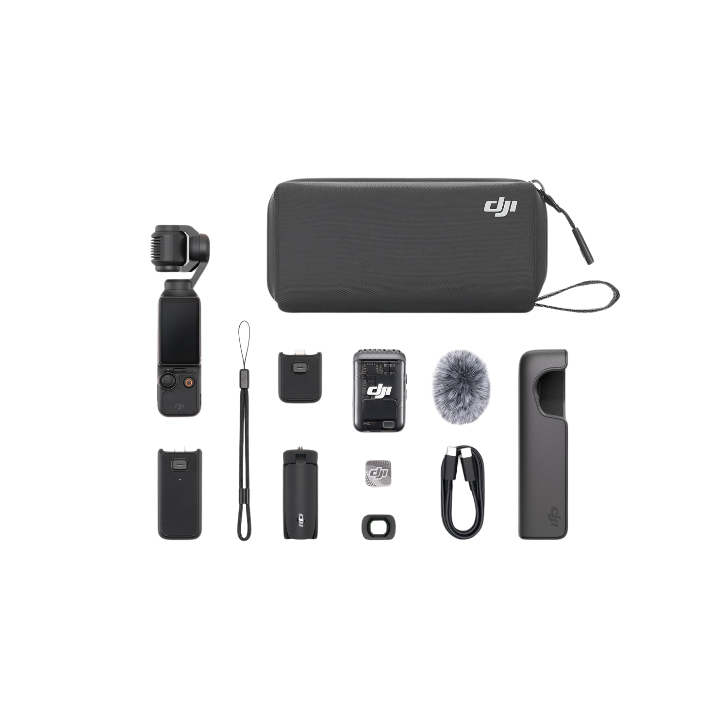 Een verzameling zwarte tech-accessoires. Bevat een camera, hoes, microfoon en andere kleine componenten.