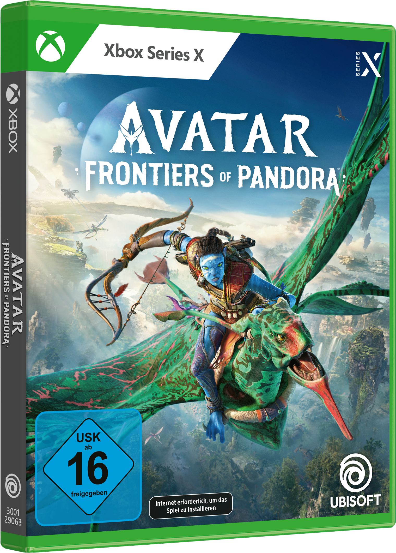 Spielverpackung für Avatar: Frontiers of Pandora. Zeigt einen Avatar auf einem Flugtier.