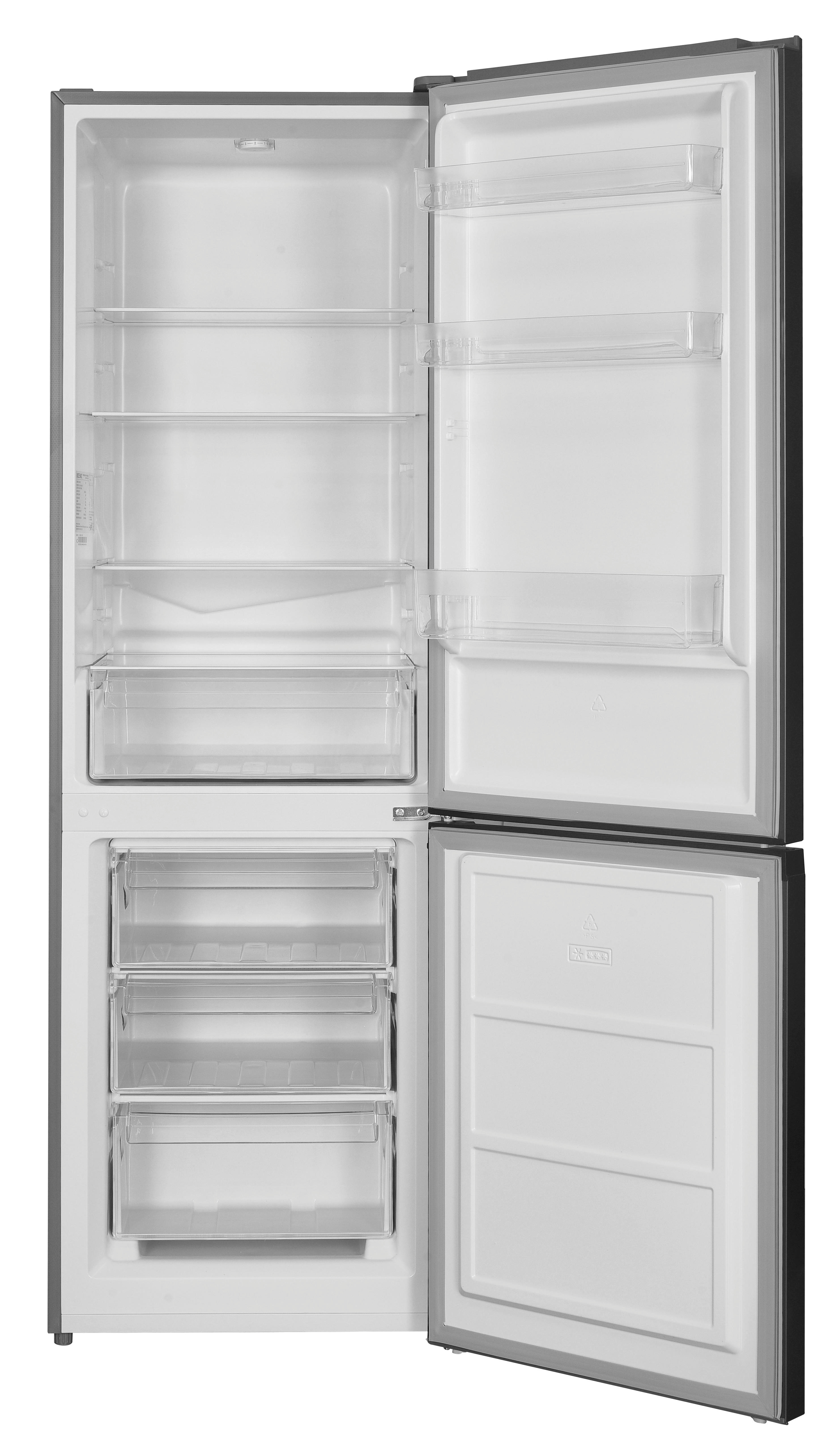 Offener Kühlschrank mit Regalen und Schubladen. Der Innenraum ist weiß, die Türen grau.