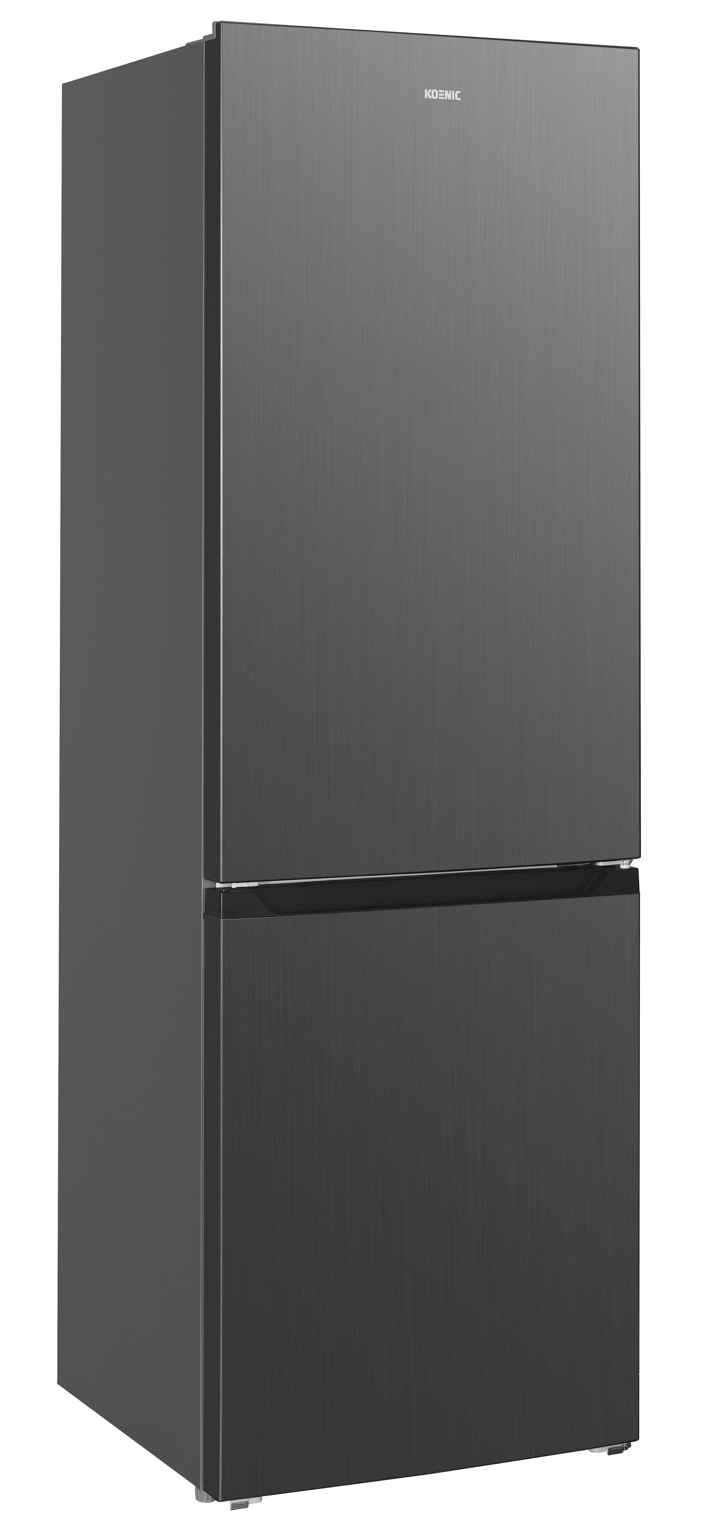 Dunkelgrauer Kühlschrank mit zwei Türen. Oben eine Tür, unten eine Schublade.