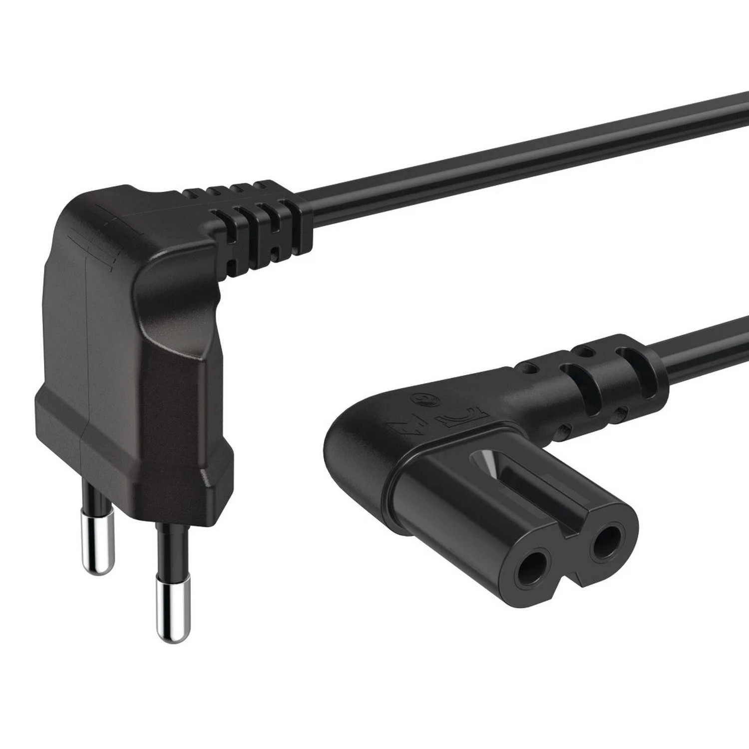 Two black power cables with angled connectors. One end has two pins, the other has a two-hole socket.