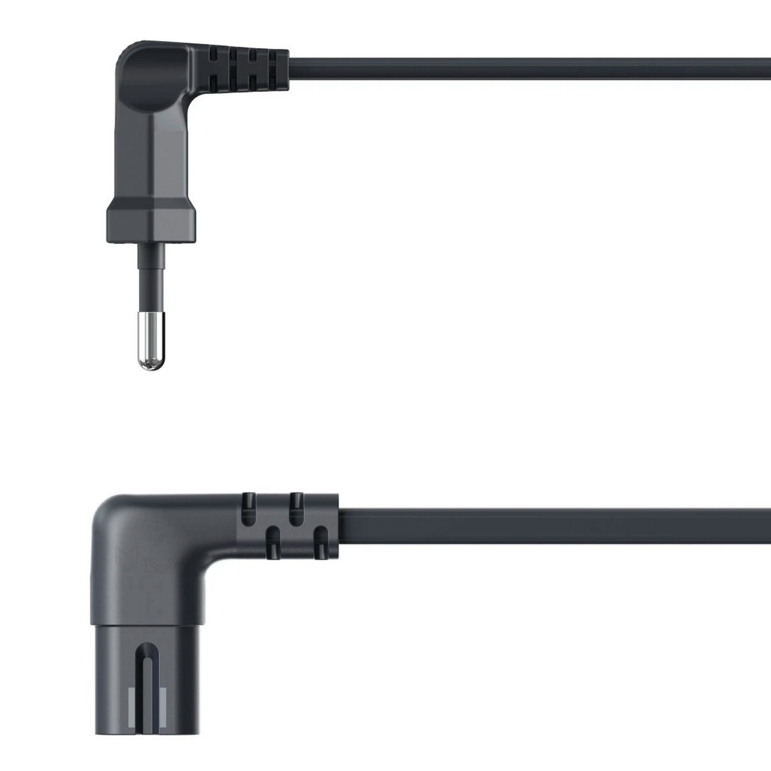 Two black angled connectors with cables, on a white background.