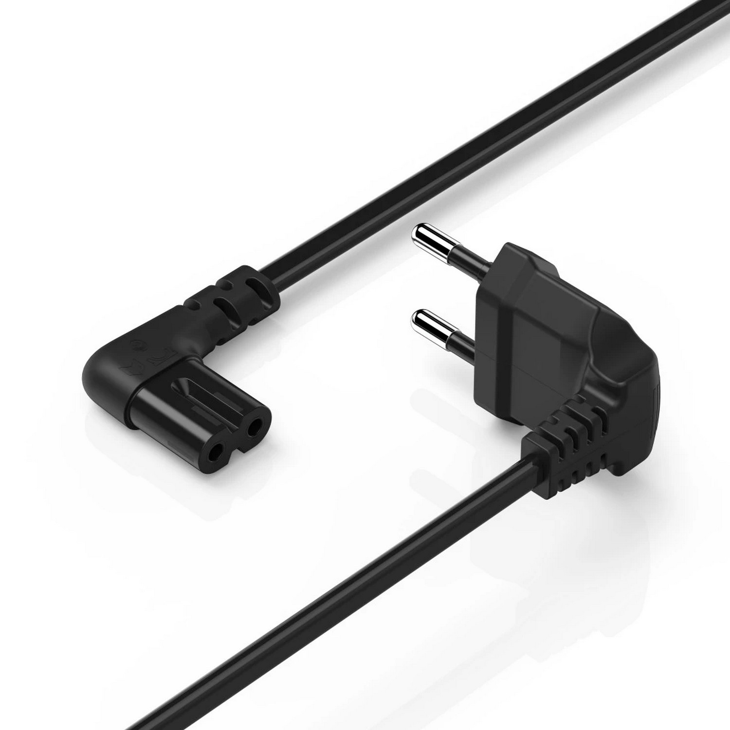 Black power cable with angled and straight connectors, white background.