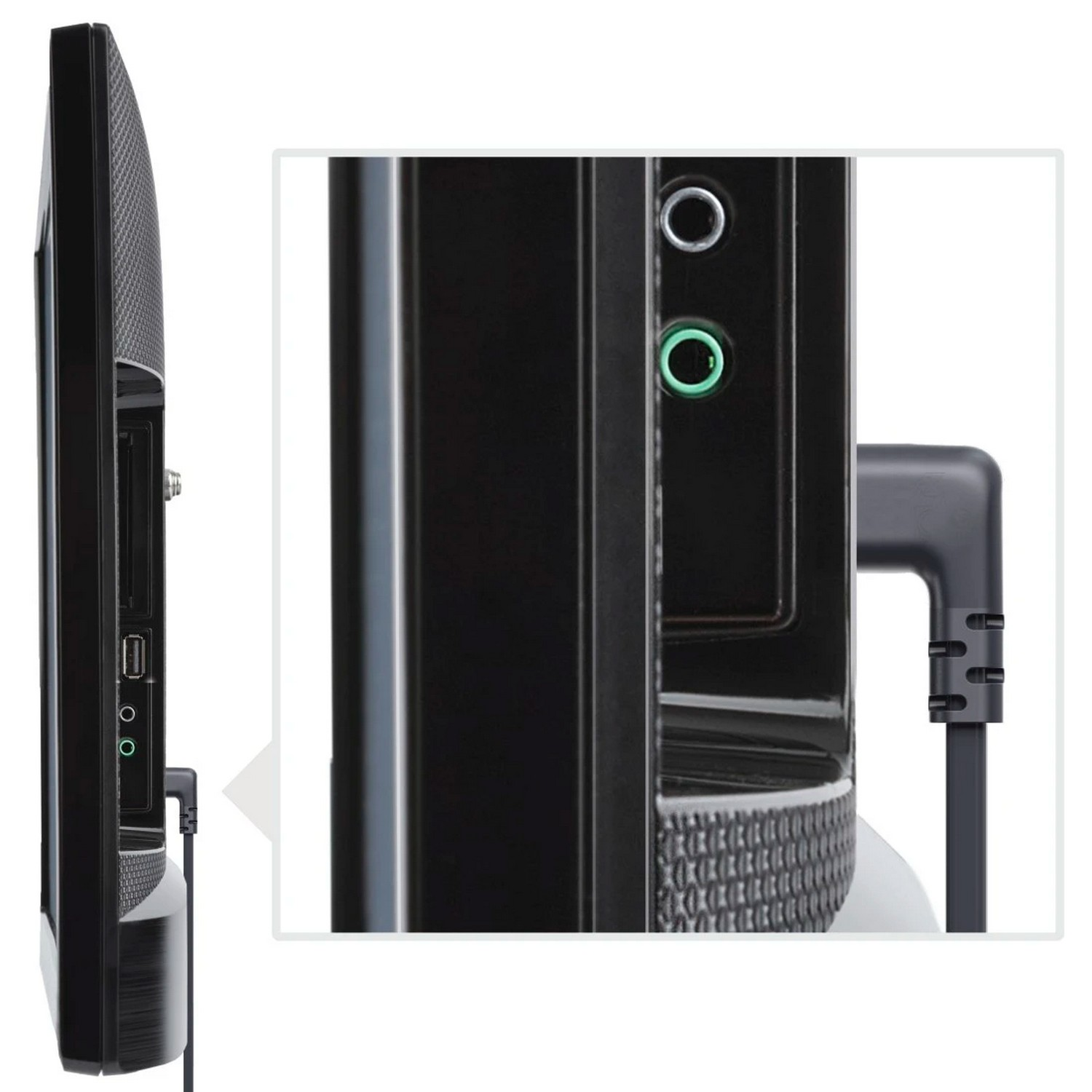 A side view of a black TV with ports, including a green and white audio jack.