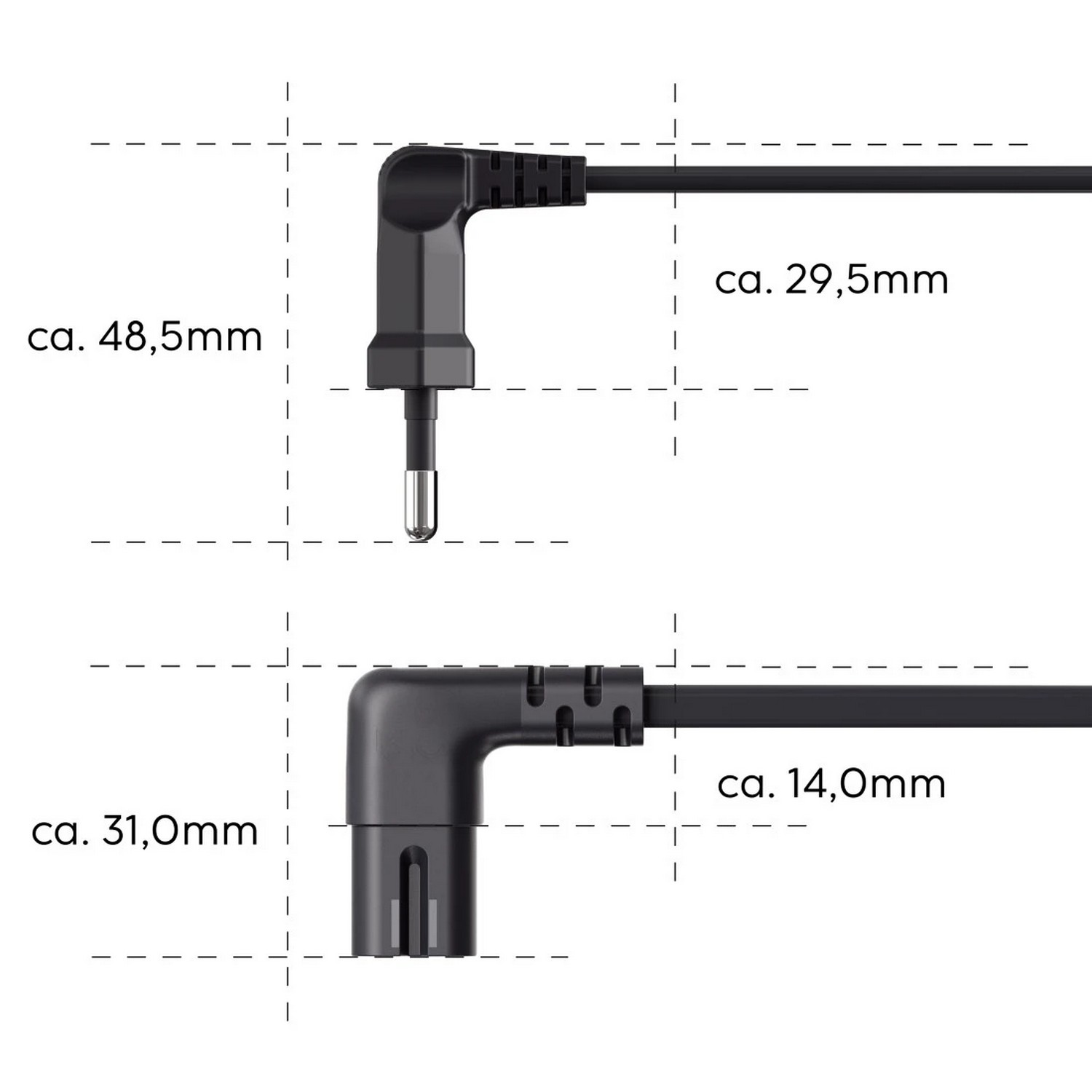 Close-up of a black cable's two ends with measurements. The cable has an angled connector and a plug.