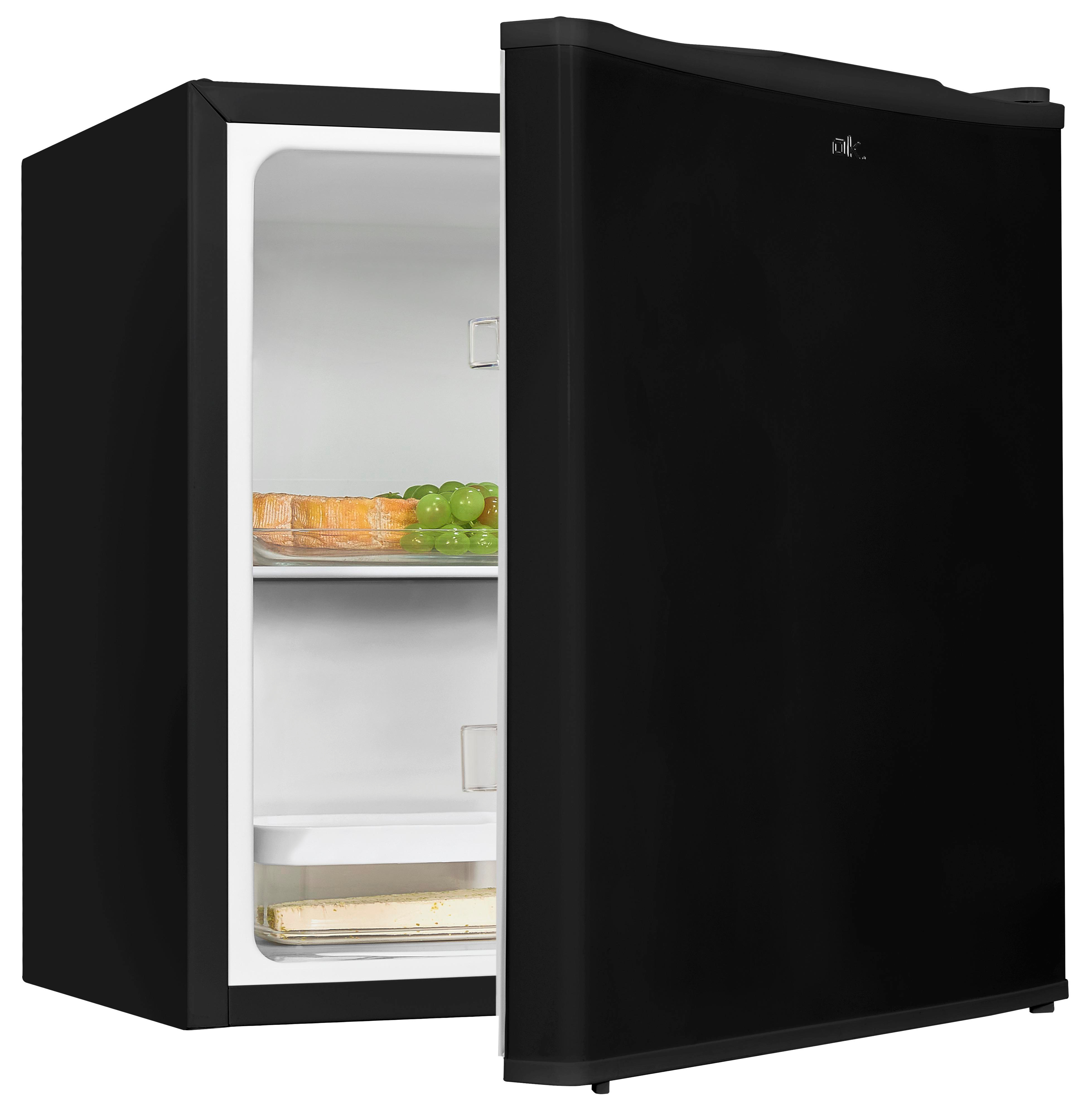 Schwarzer Mini-Kühlschrank mit offener Tür, zeigt Regale und Inhalt.