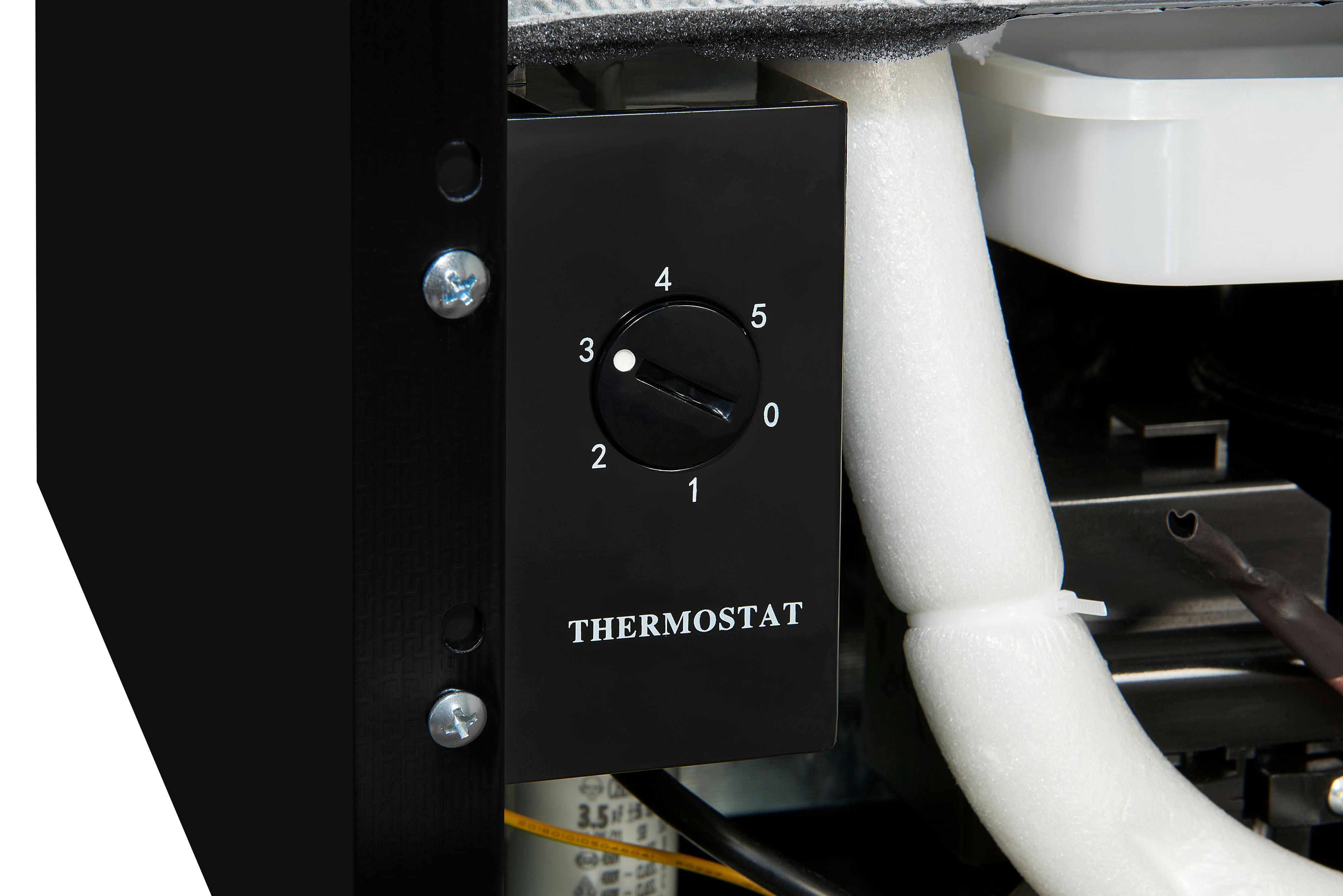Eine schwarze Thermostat-Bedienblende mit Zahlen und dem Wort 'THERMOSTAT'.
