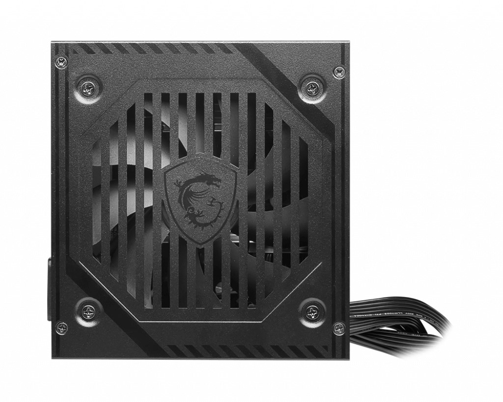 Fan ve MSI logosu ile siyah güç kaynağı ünitesi. Bir kablo takılıdır.